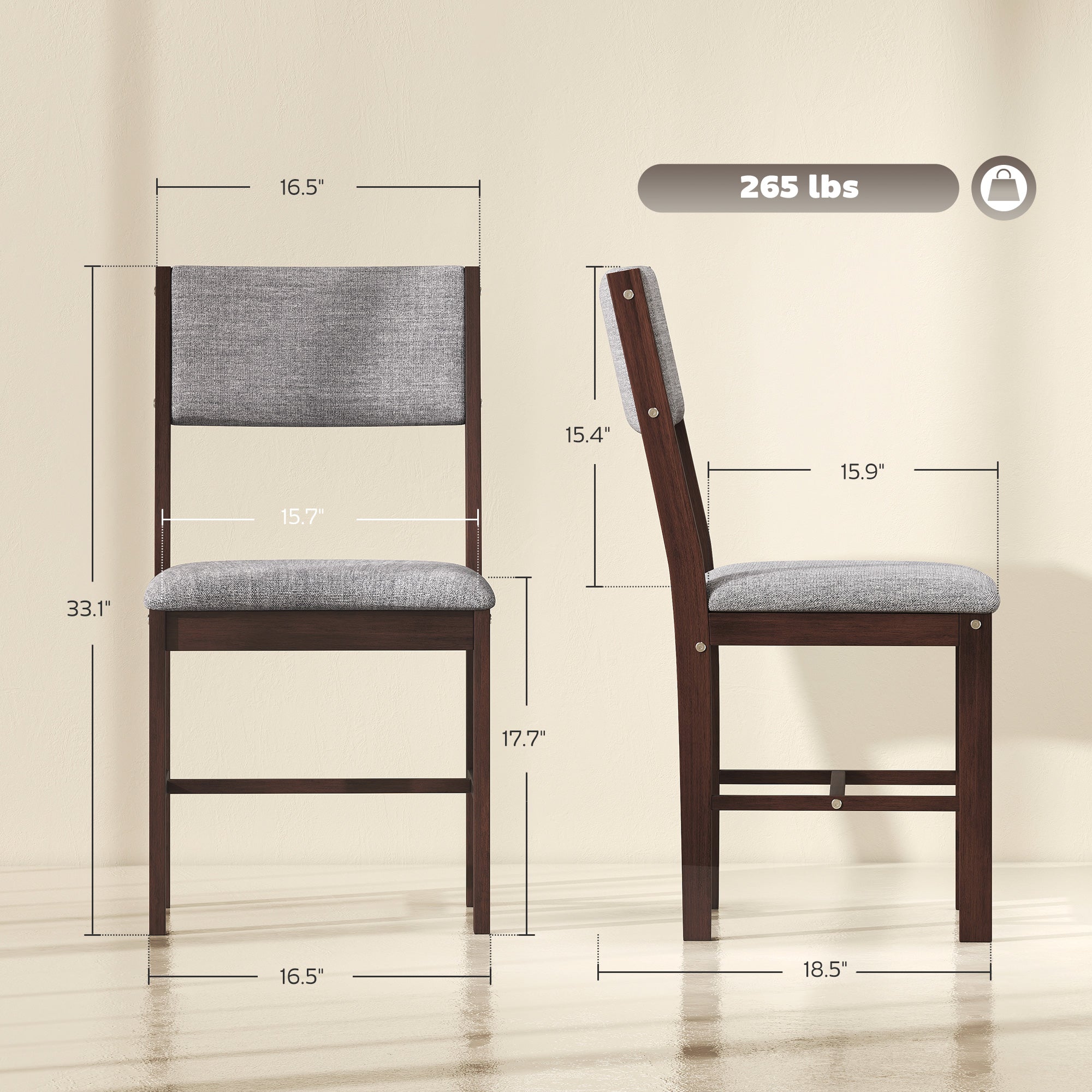 Modern Dining Chairs Set of 4, Linen Fabric Upholstered Kitchen Chairs with Rubberwood Legs for Dining Room, Living Room, Walnut and Gray