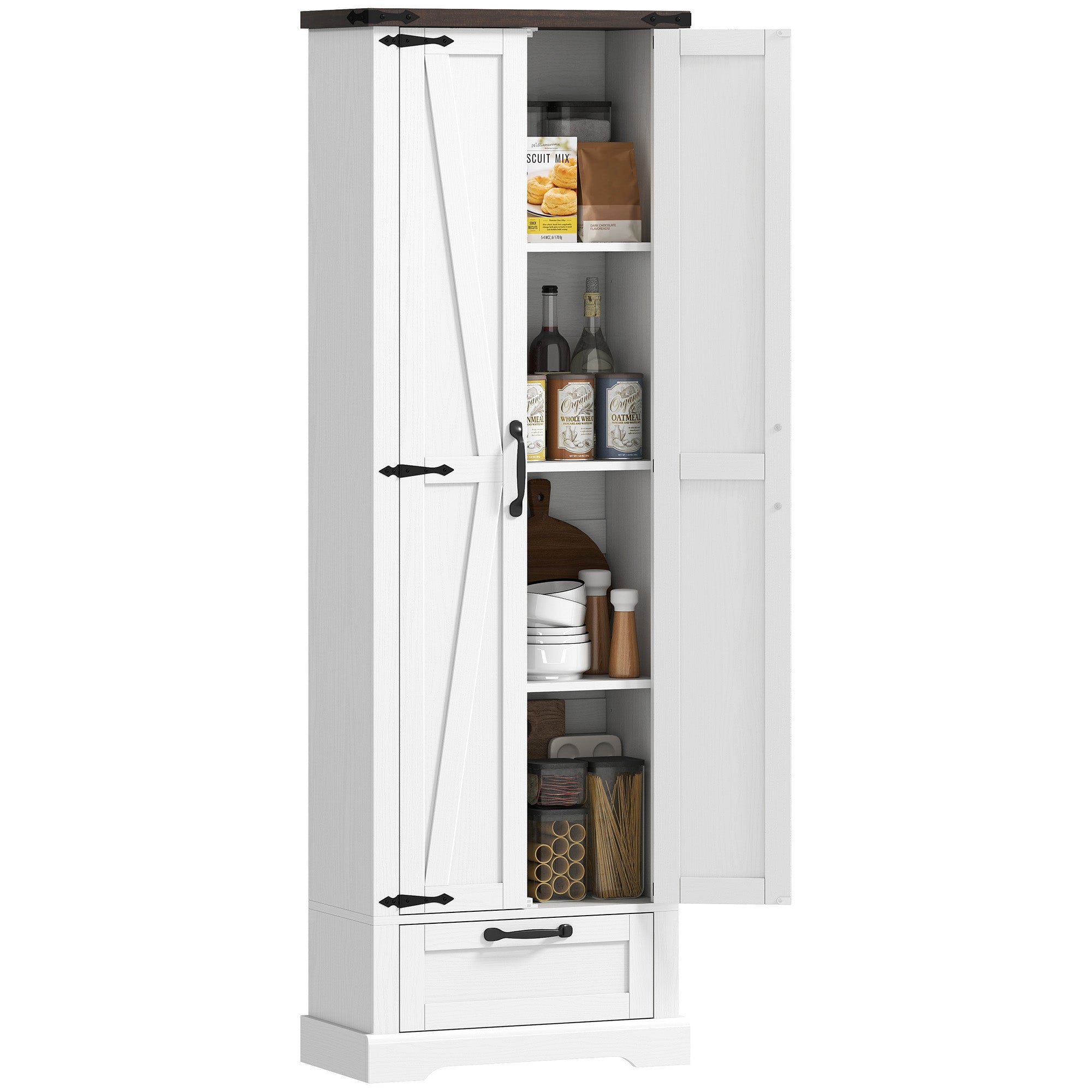 71" Tall Kitchen Pantry, Farmhouse Storage Cabinet with Barn Doors, Drawer and Adjustable Shelves, Freestanding Food Pantry Cabinet for Kitchen, Dining Room, White