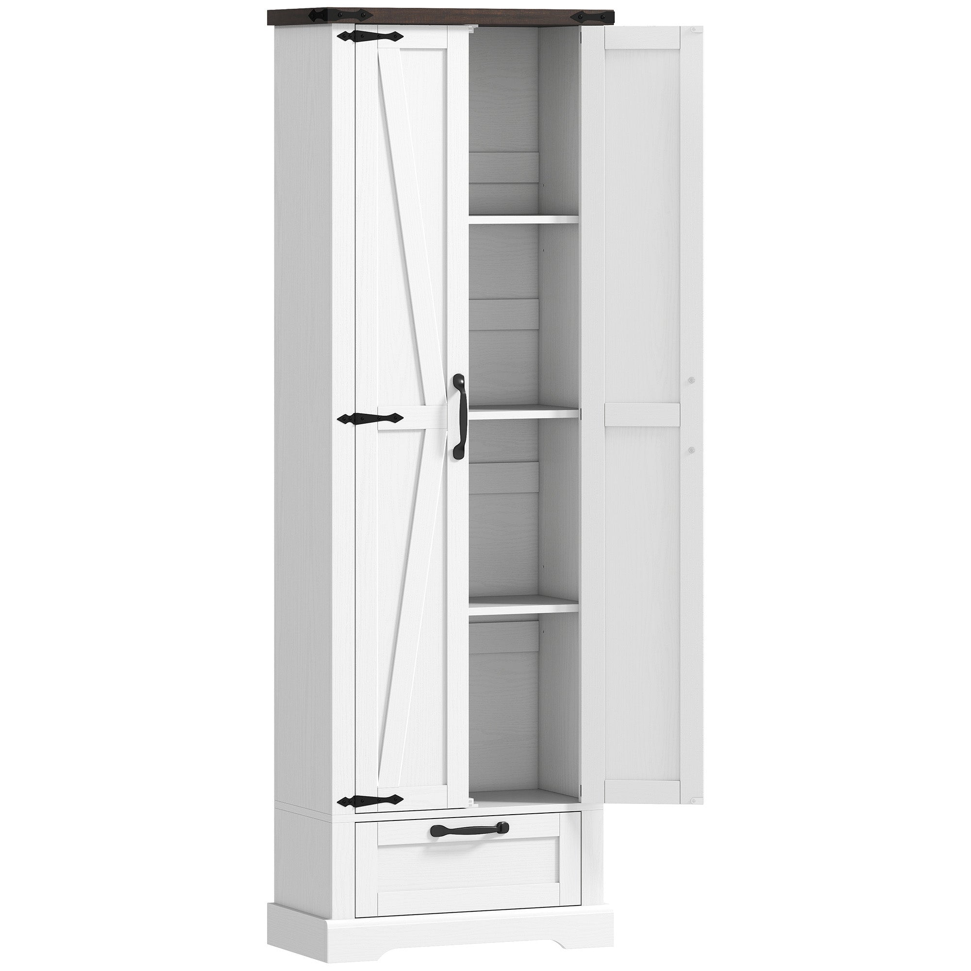 71" Tall Kitchen Pantry, Farmhouse Storage Cabinet with Barn Doors, Drawer and Adjustable Shelves, Freestanding Food Pantry Cabinet for Kitchen, Dining Room, White