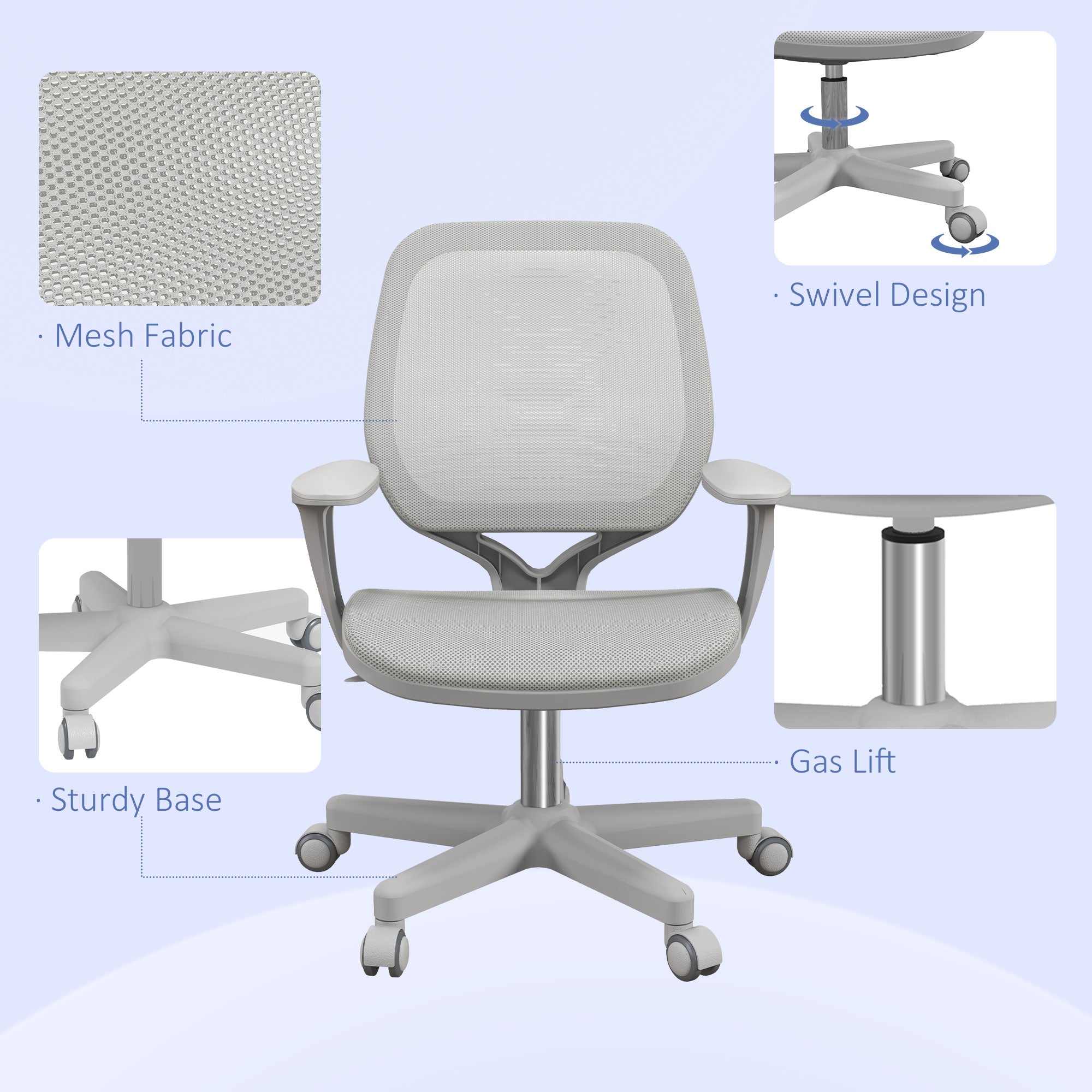 Vinsetto Robust Chair, Small Mesh Computer Desk Chair with Adjustable Height, Swivel Security Castors, Mid Back, for Robust - Grey