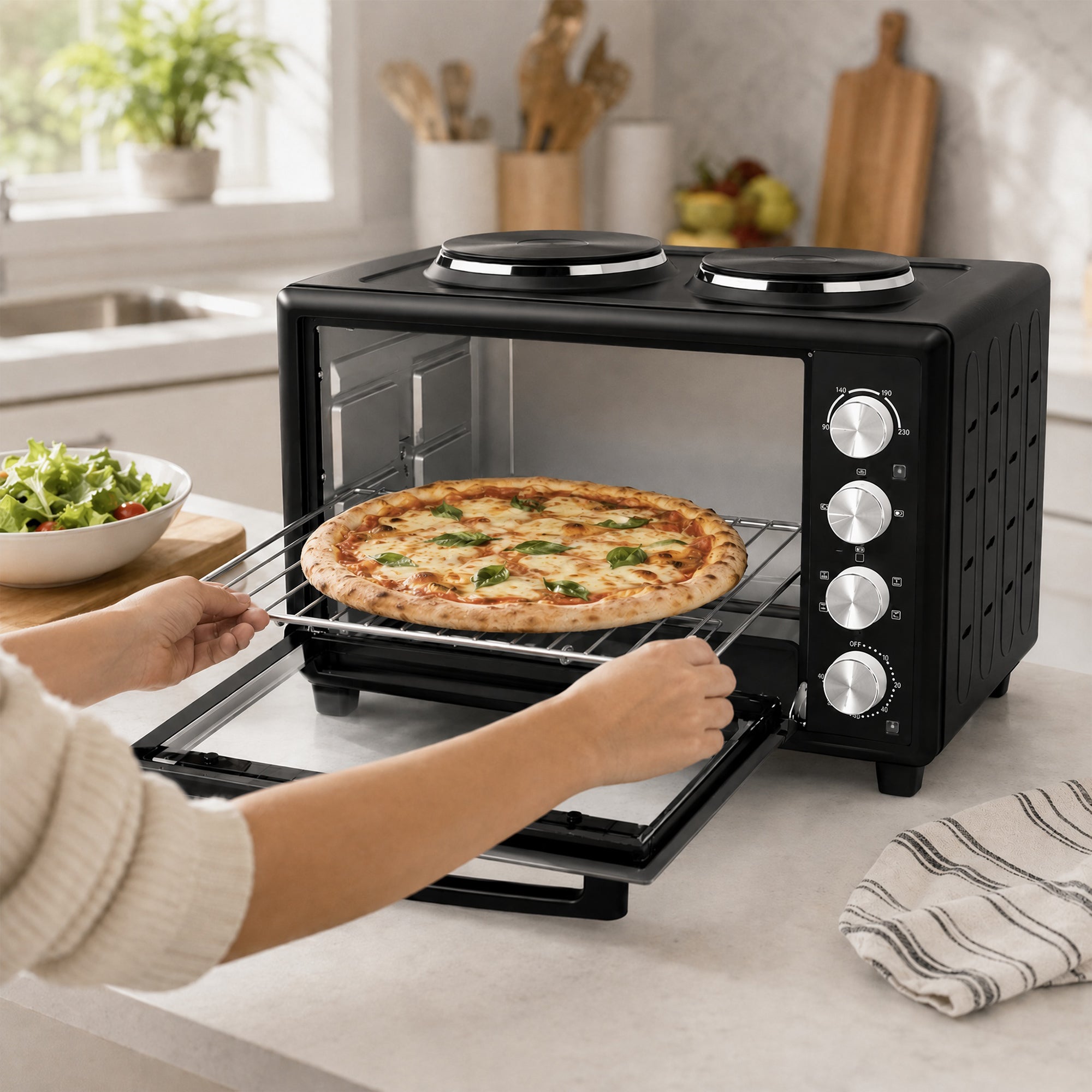46L Mini Oven with Dual Hot Plates, Electric Countertop Cooker with Convection, 90–230°C Adjustable Temperature, 60 Minute Timer, Portable Oven with Wire Rack & Baking Tray, 1800W, Black