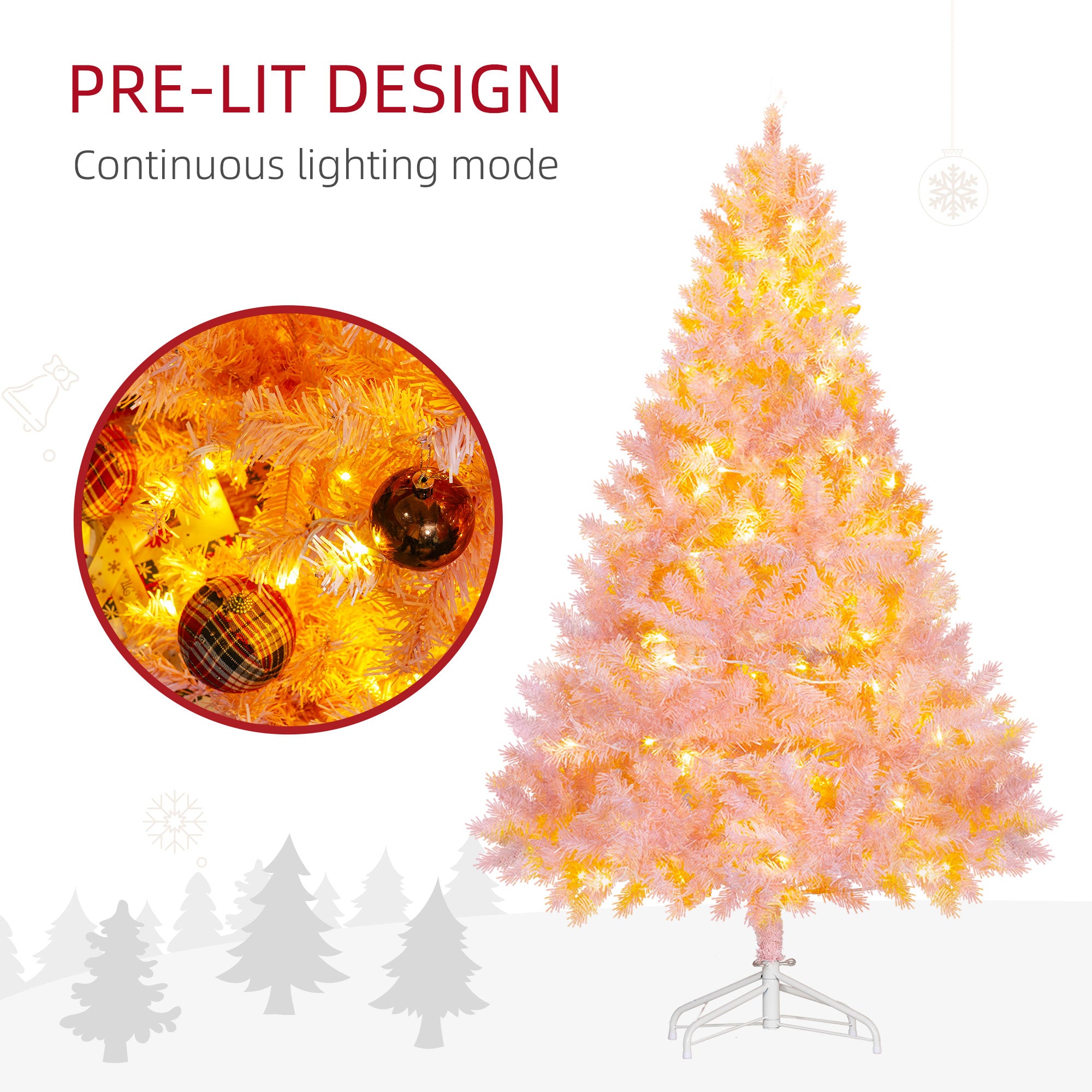 6 FT Tall PreLit Artificial Christmas Tree with Realistic Branches 250 Warm White LED Lights Pink