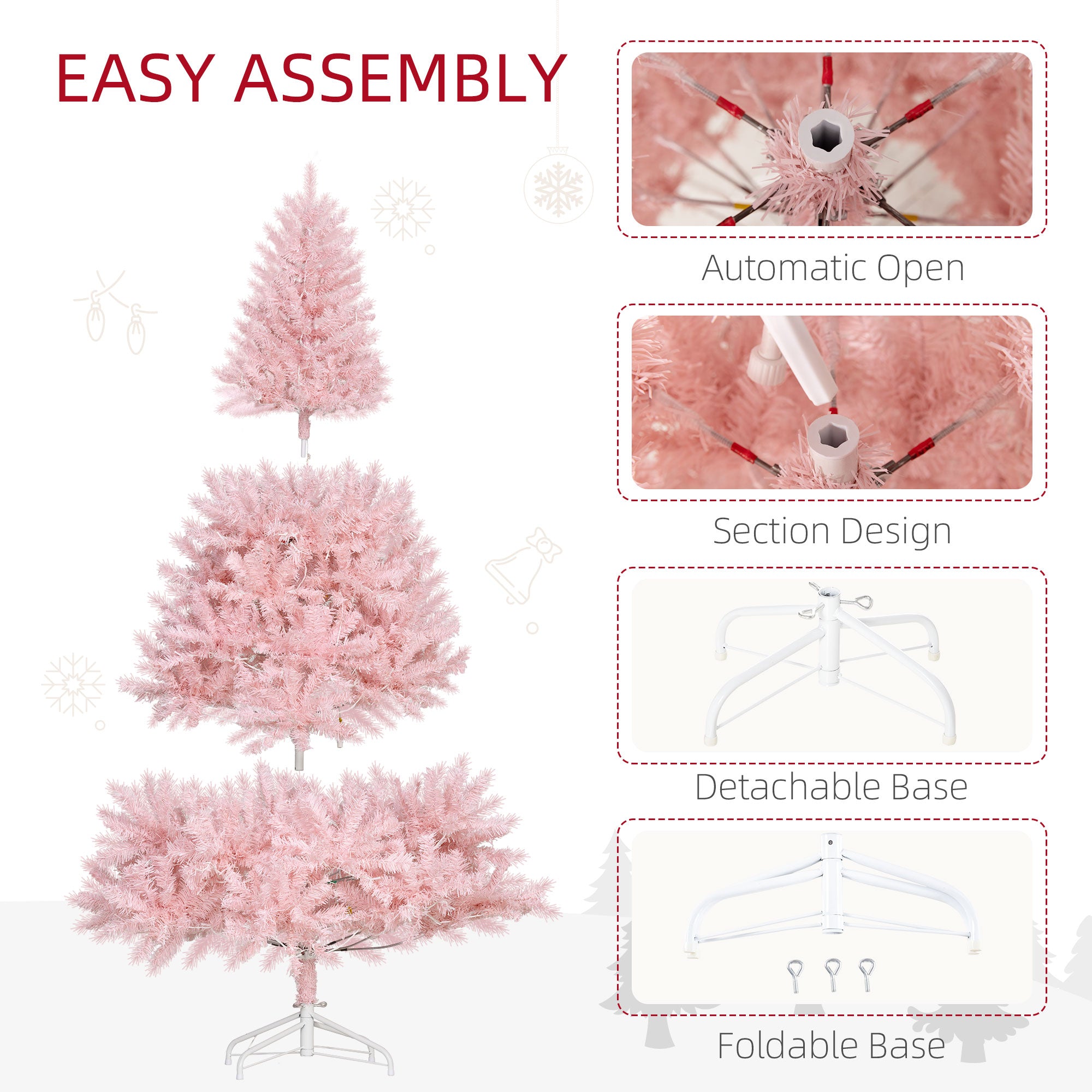 6 FT Tall PreLit Artificial Christmas Tree with Realistic Branches 250 Warm White LED Lights Pink