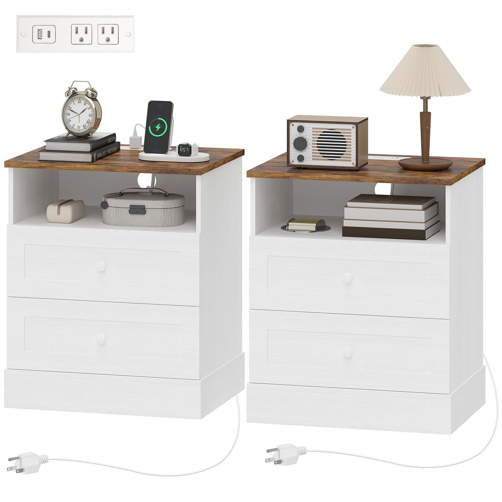 Modern Nightstands Set of 2, Bedside Table with Charging Station, 2 Drawers and Open Shelf, Side End Table for Bedroom, White and Oak