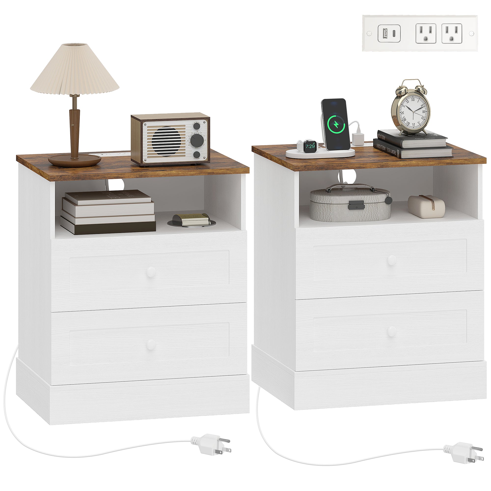 Modern Nightstands Set of 2, Bedside Table with Charging Station, 2 Drawers and Open Shelf, Side End Table for Bedroom, White and Oak