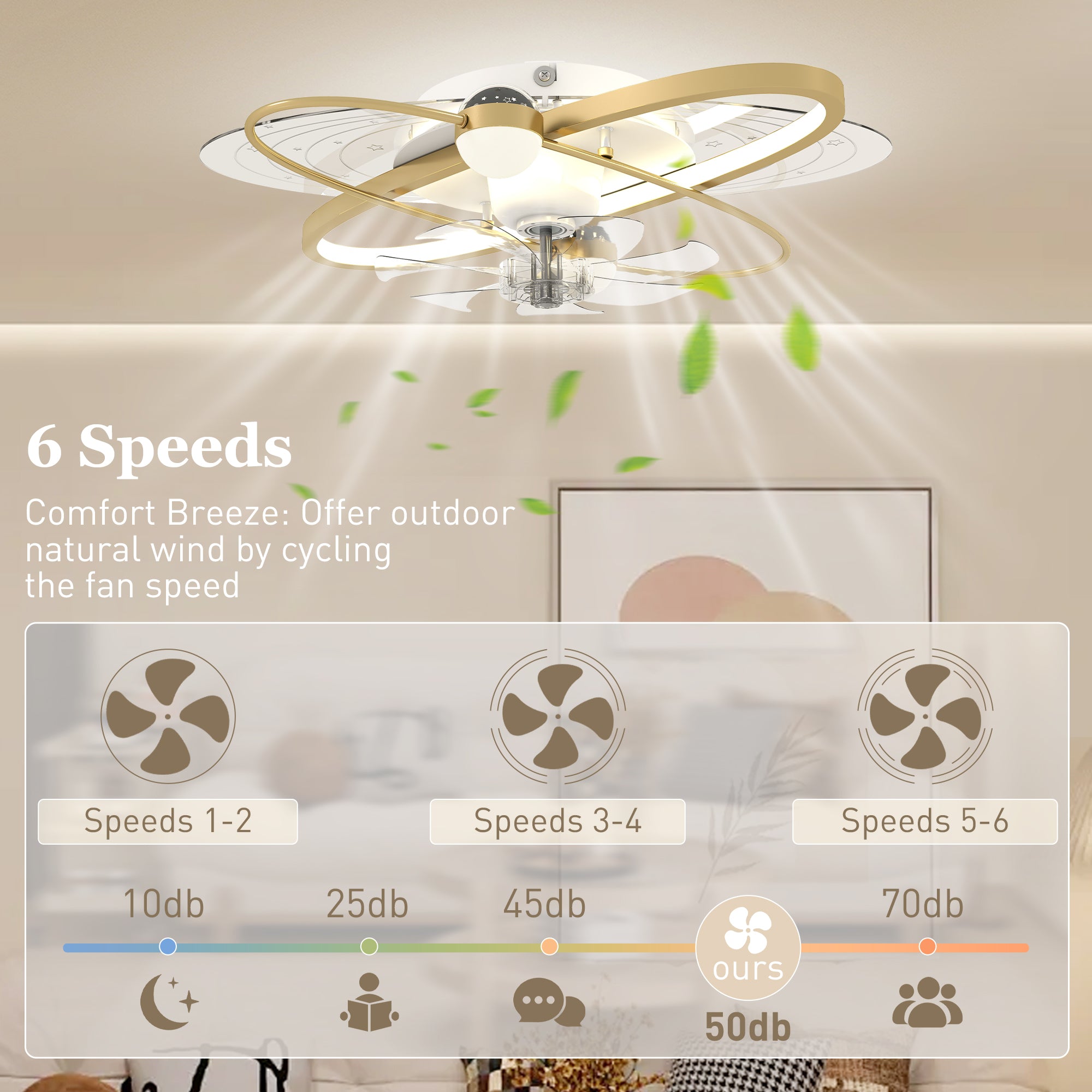 Ceiling Fans with Lights and Remote & App Control, 62 cm Modern LED Ceiling Fan Light with 3 Colour Temperatures, 6 Speed, Timer, Dimmable, Quiet Reversible DC Motor, for Bedroom, Gold Tone
