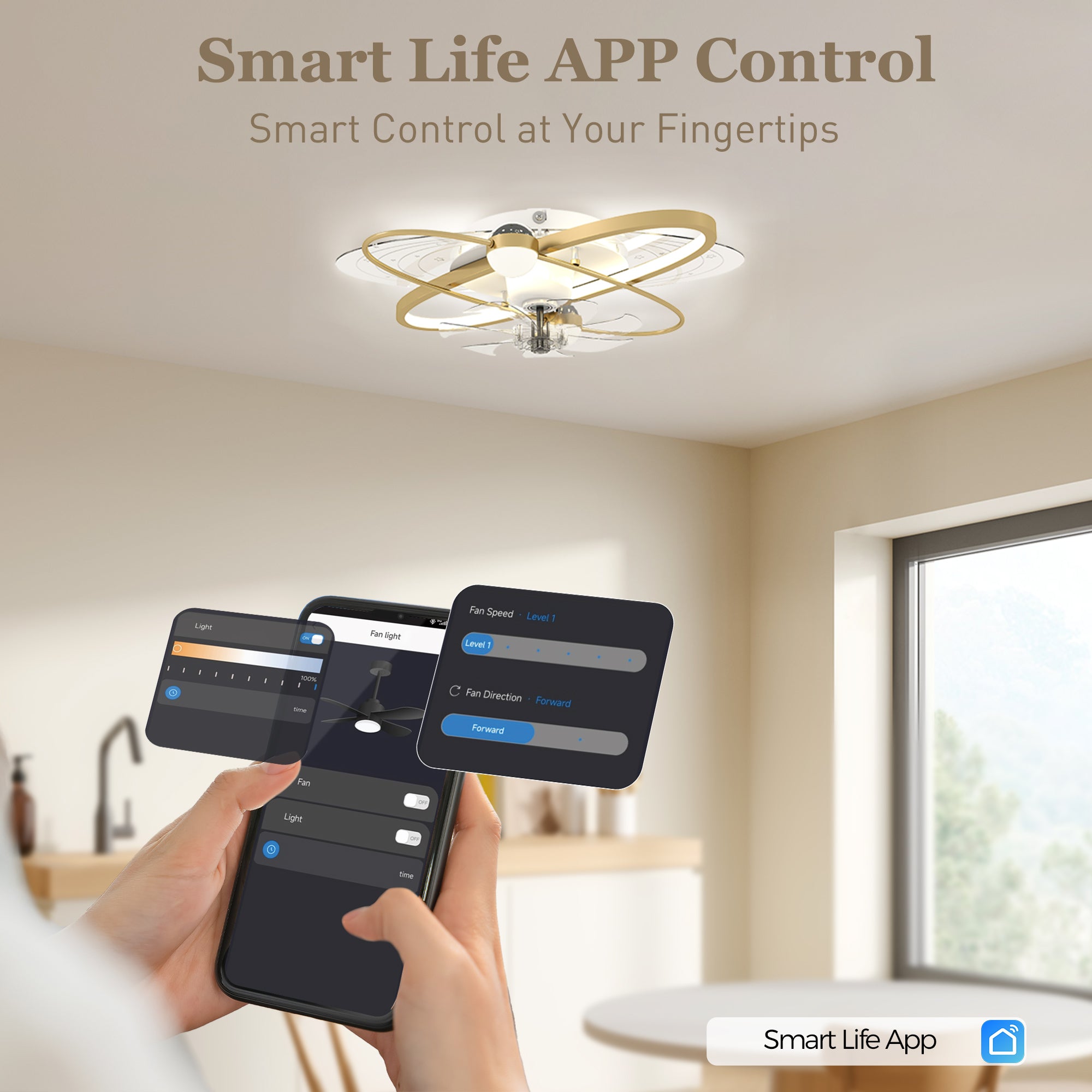 Ceiling Fans with Lights and Remote & App Control, 62 cm Modern LED Ceiling Fan Light with 3 Colour Temperatures, 6 Speed, Timer, Dimmable, Quiet Reversible DC Motor, for Bedroom, Gold Tone