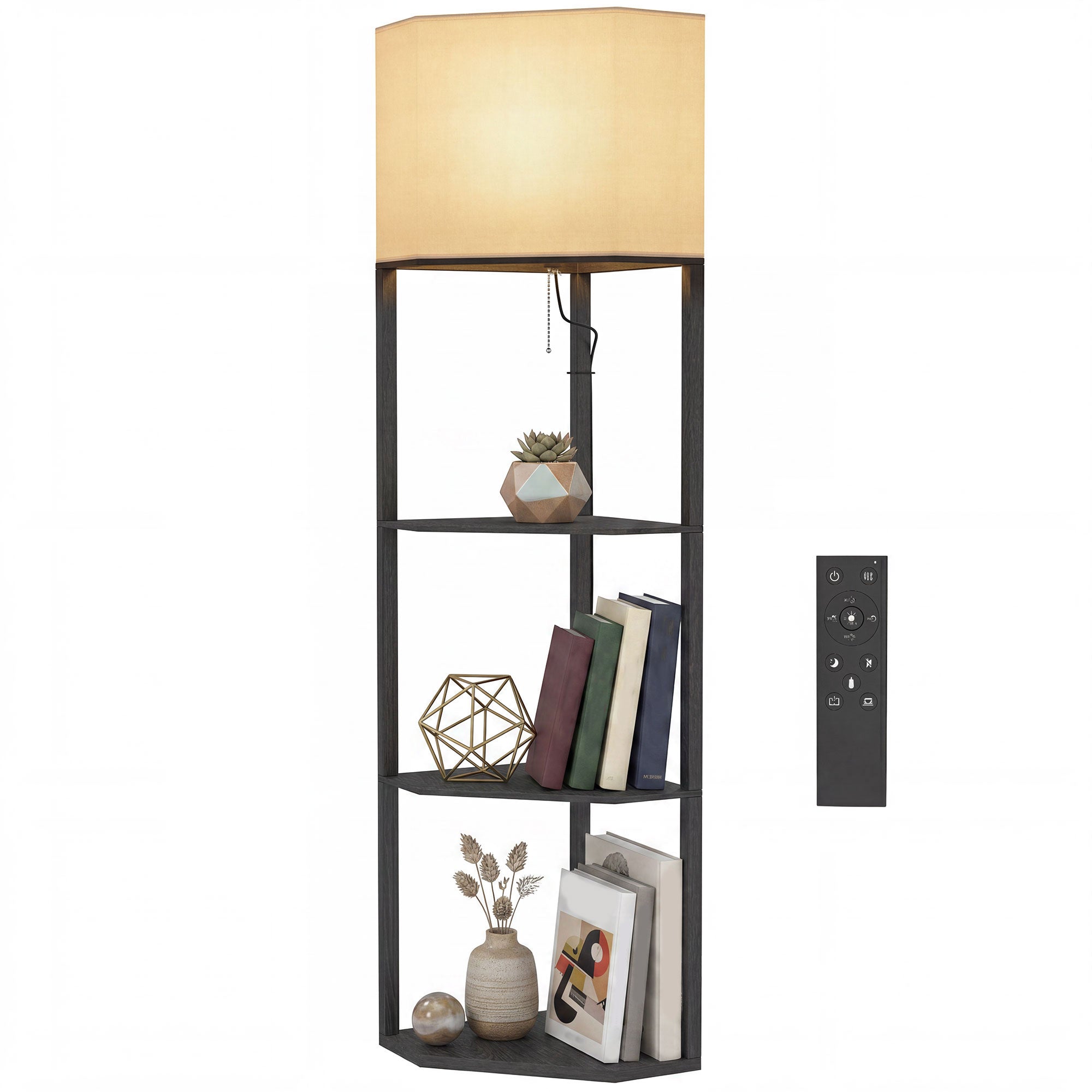 Corner Floor Lamp with Shelves and Lights, Modern Dimmable Standing Lamp with 3000K/4000K/6000K Colour Temperature, Chain Switch & Remote Control for Living Room, Bedroom, Black