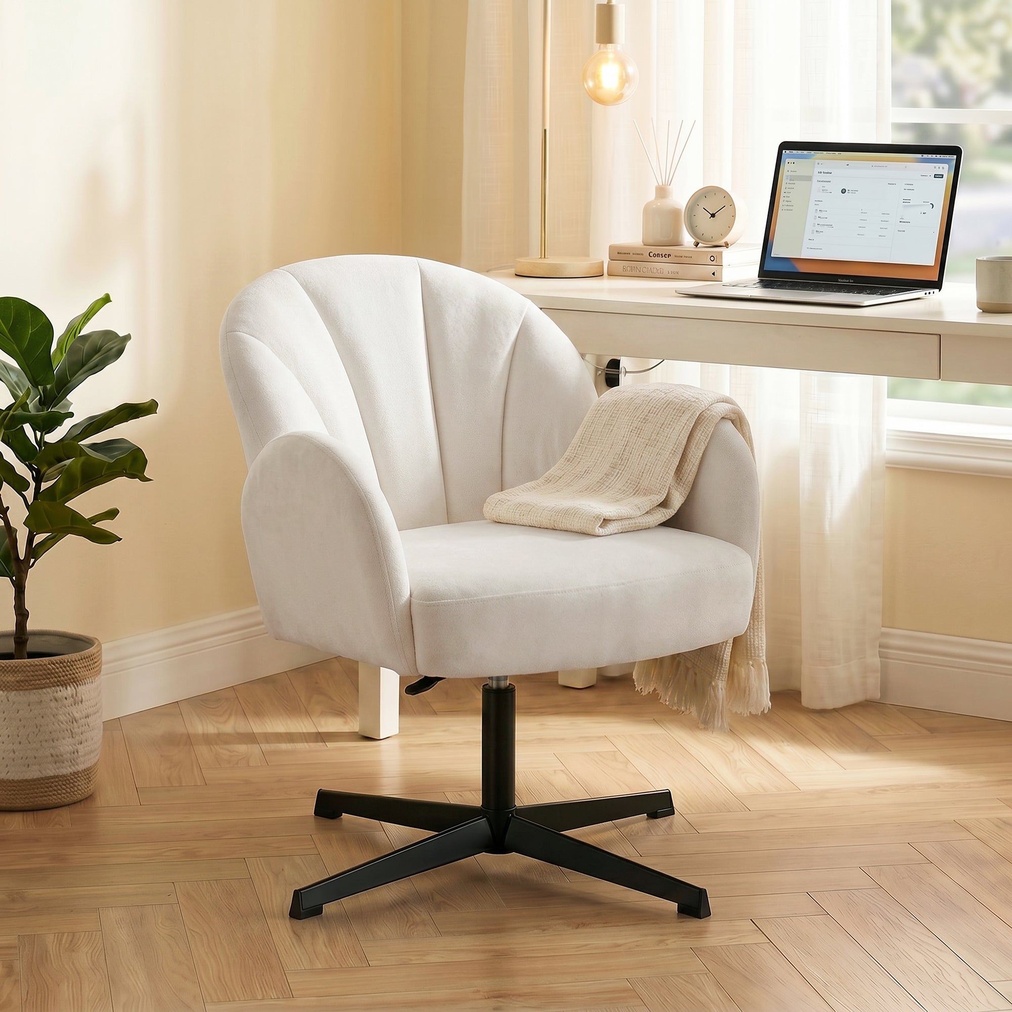 Swivel Accent Chair, Velvet-Feel Fabric Shell-Shaped Armchair with Spring Cushion, Metal Base, Modern Reading Chair for Living Room, Bedroom, Study, Makeup, Cream White