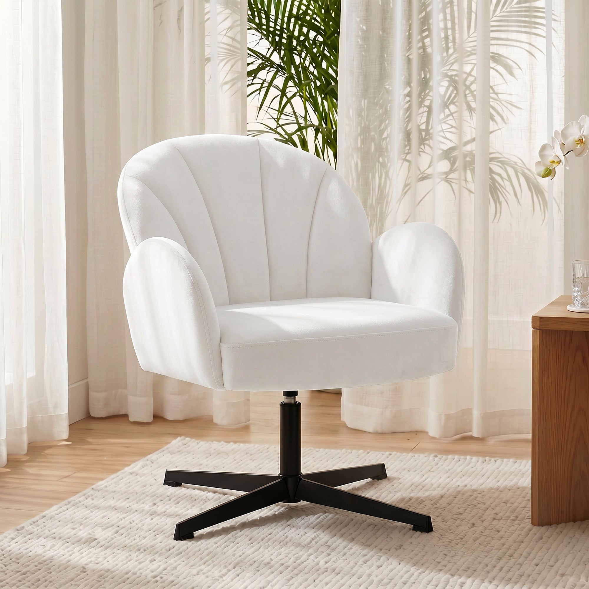 Swivel Accent Chair, Velvet-Feel Fabric Shell-Shaped Armchair with Spring Cushion, Metal Base, Modern Reading Chair for Living Room, Bedroom, Study, Makeup, Cream White