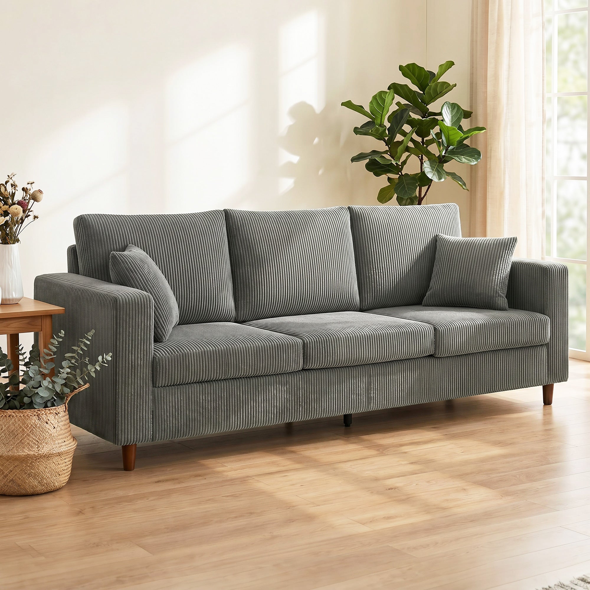 3 Seater Sofa, 225 cm Comfy Corduroy Couch with Wide Deep Seat, Wide Armrests, Spring Cushion, Thick Padded, Solid Wood Legs, Fabric Sofa for Living Room, Light Grey