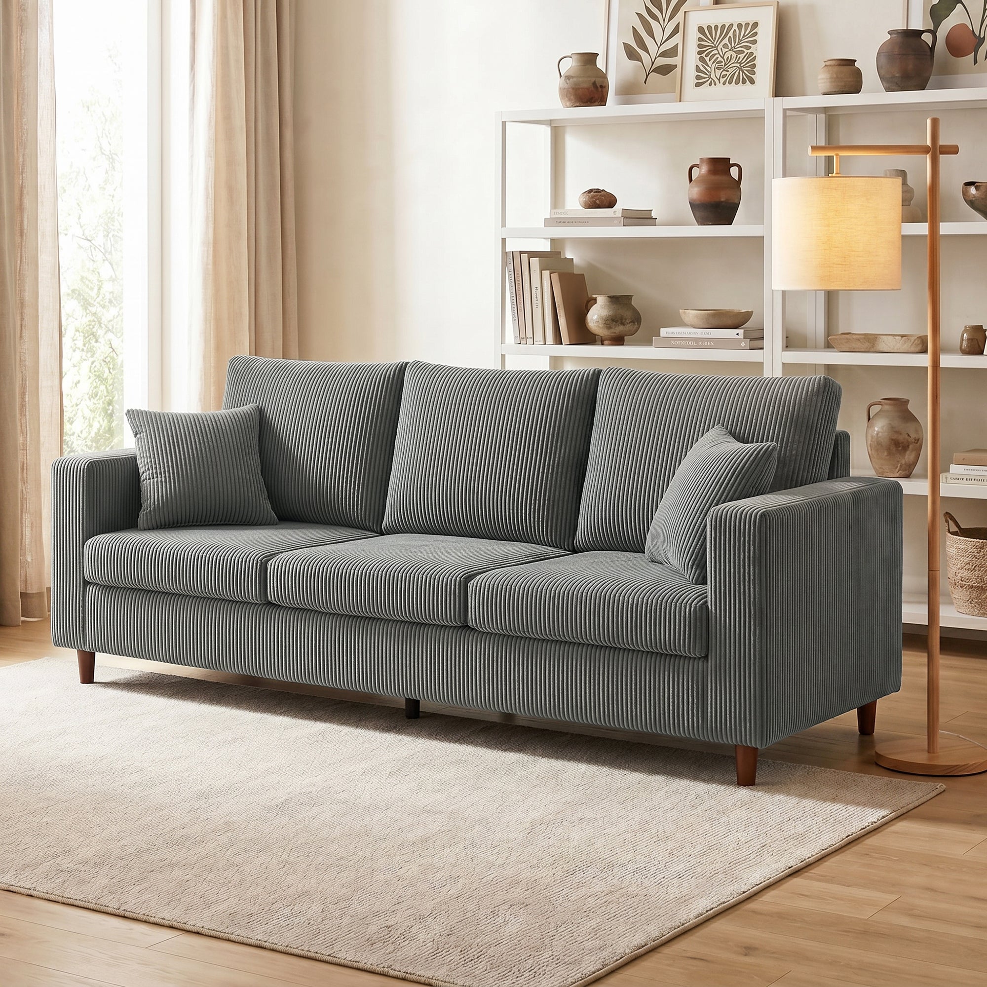 3 Seater Sofa, 225 cm Comfy Corduroy Couch with Wide Deep Seat, Wide Armrests, Spring Cushion, Thick Padded, Solid Wood Legs, Fabric Sofa for Living Room, Light Grey