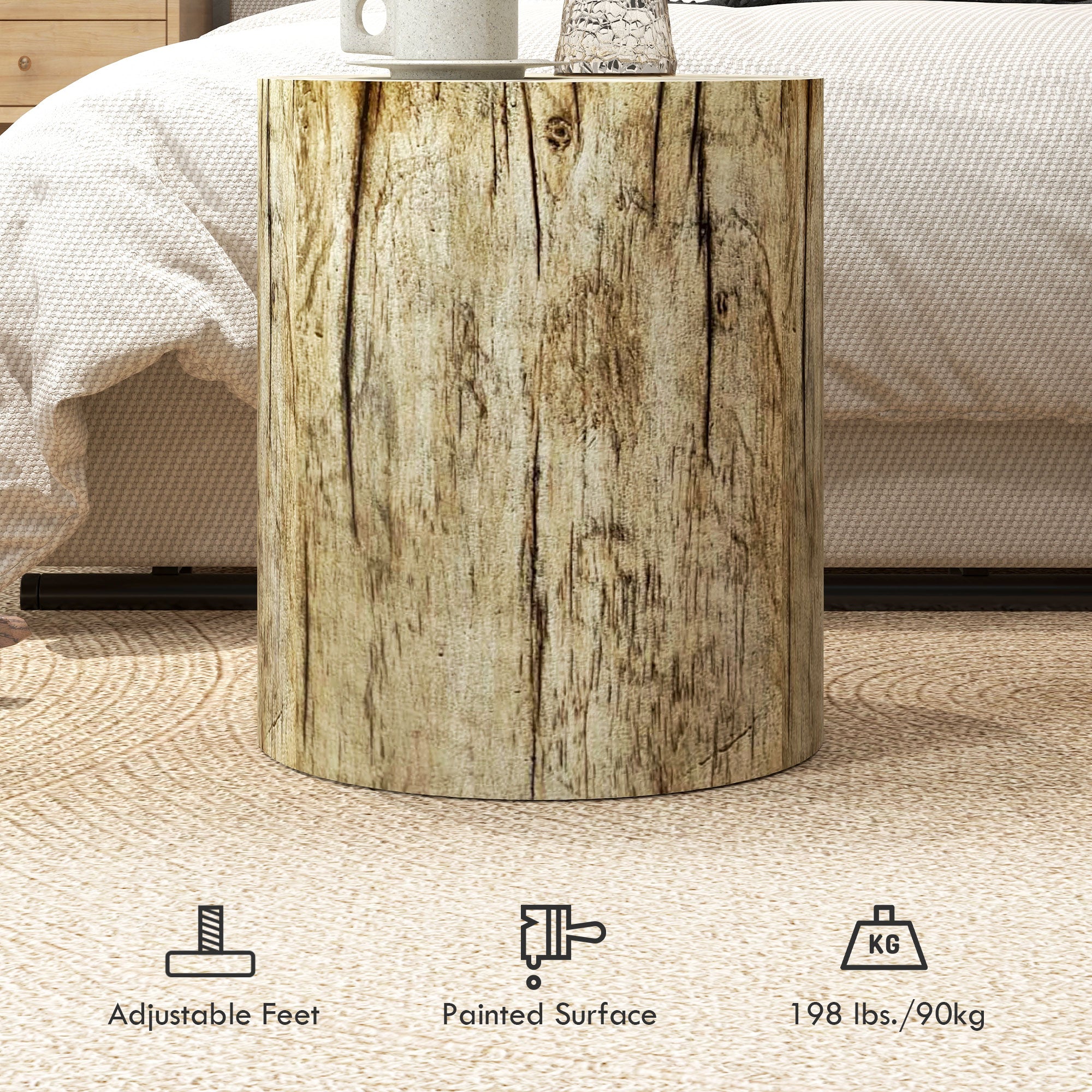 HOMCOM Concrete Finish Side Table, Lightweight Accent Table, 17" Patio Tree Stump End Table with 4 Adjustable Feet for Indoor, Outdoor, Natural Wood