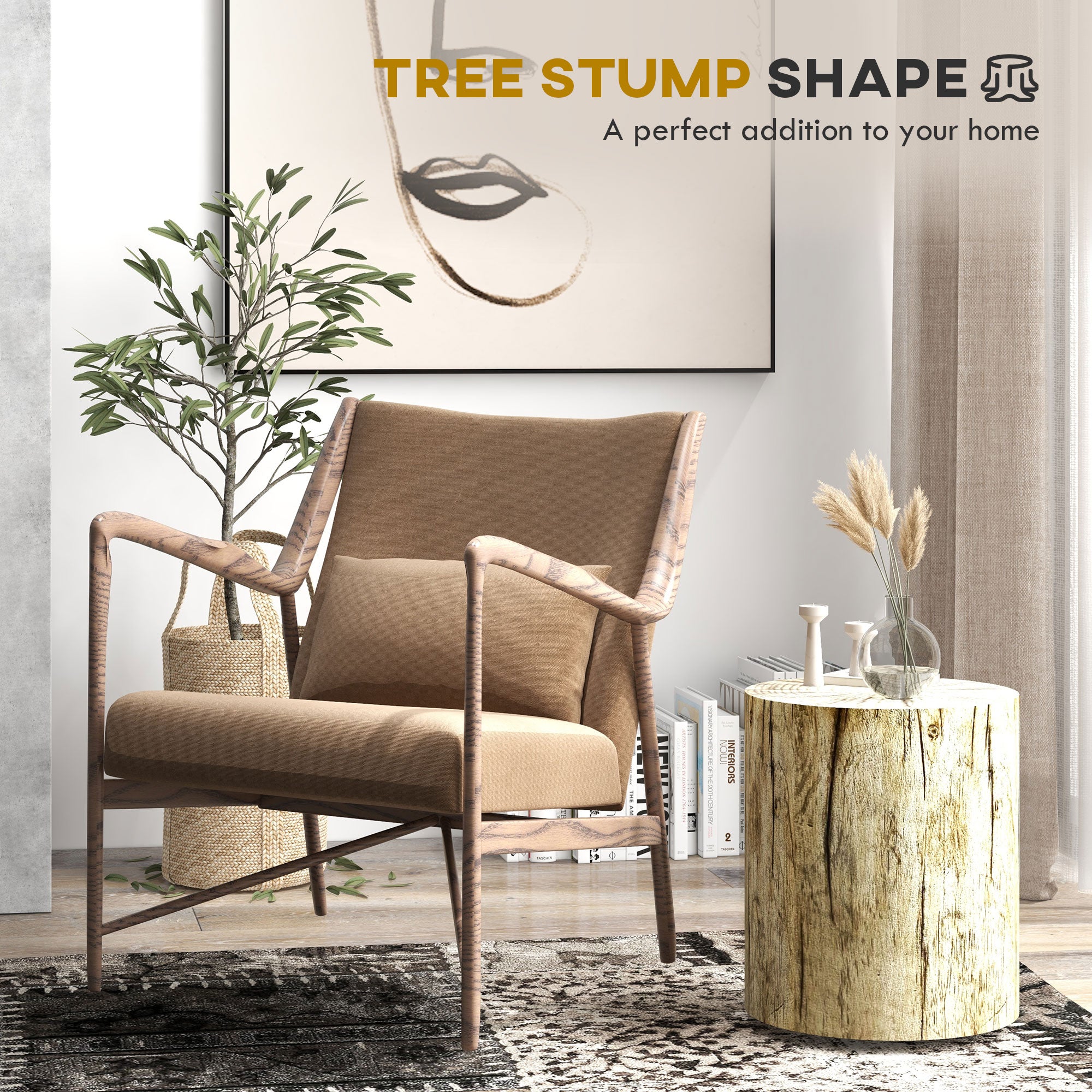 17" Tall Tree Stump End Table, Concrete Sofa Side Table for Indoor and Outdoor Use, Garden Stool