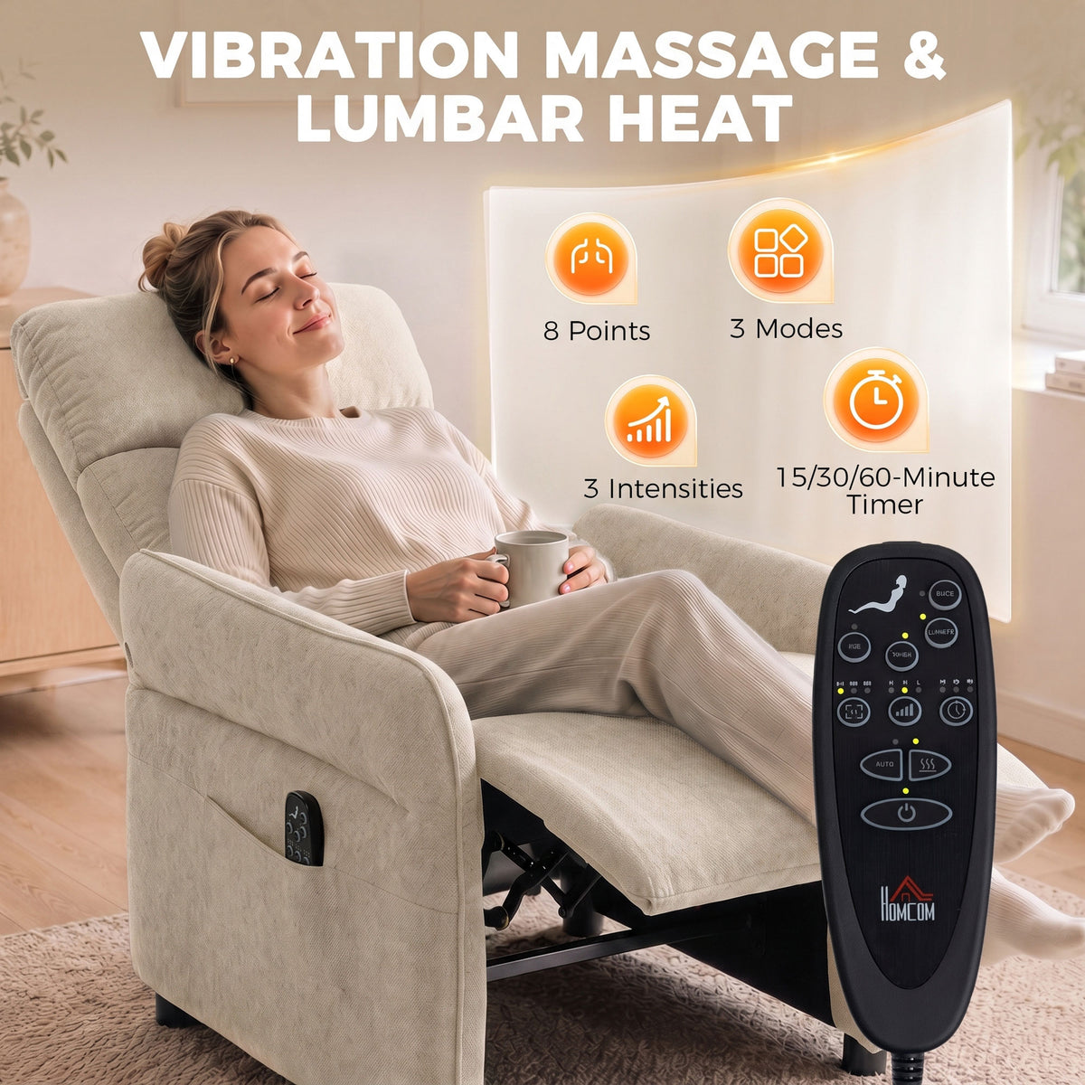 Recliner Armchair, Push Back Recliner Chair w/ Massage & Heat, Adjustable Armrests, Spring Seat, Terry Cloth Manual Reclining Single Sofa w/ Footrest, Side Pockets for Home Living Room, Beige
