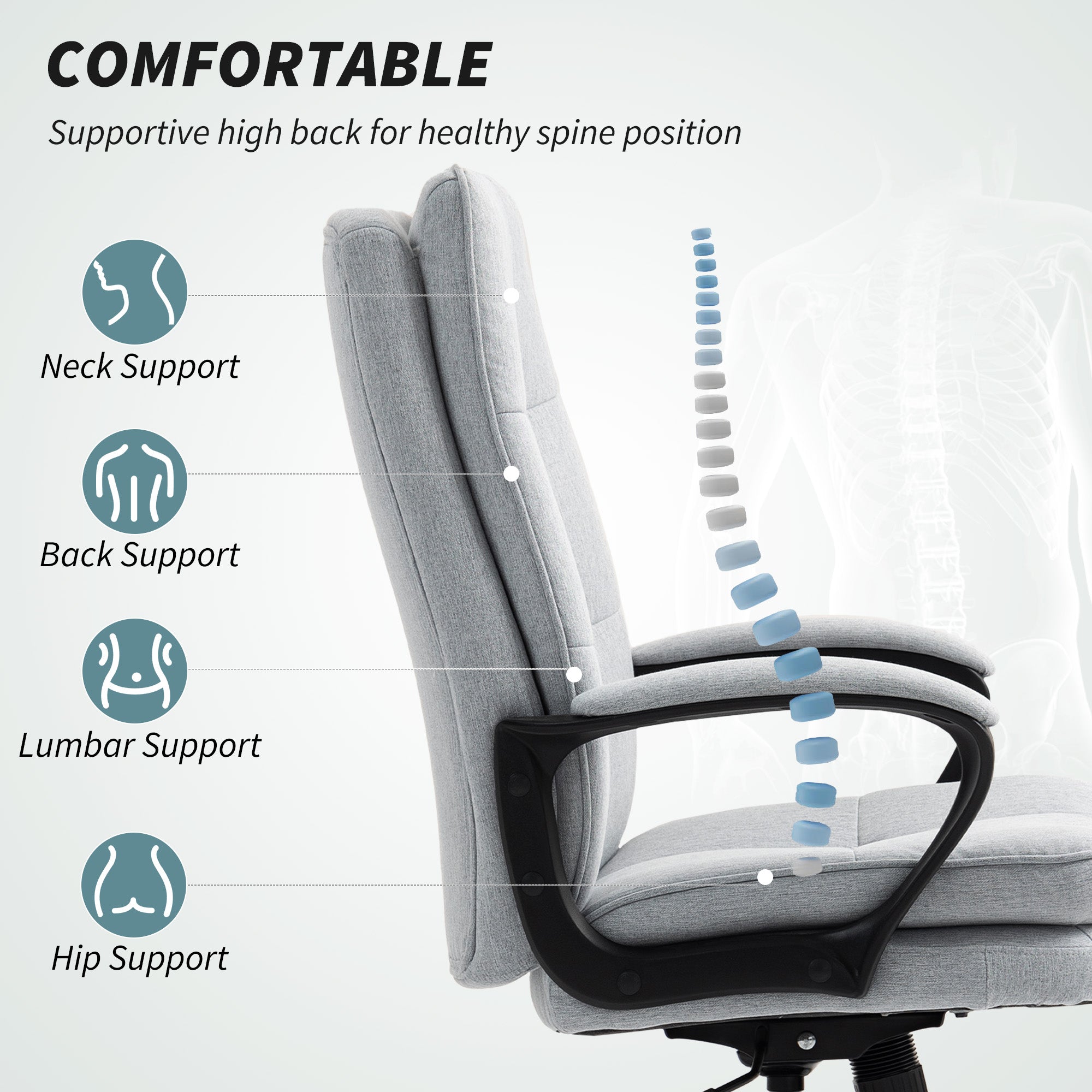 Executive Office Chair, Fabric Computer Desk Chair with Dual-Layer Padding, High Back, Silent Swivel Wheels, Armrest, Height Adjustable, Tilt Function for Home, Light Grey