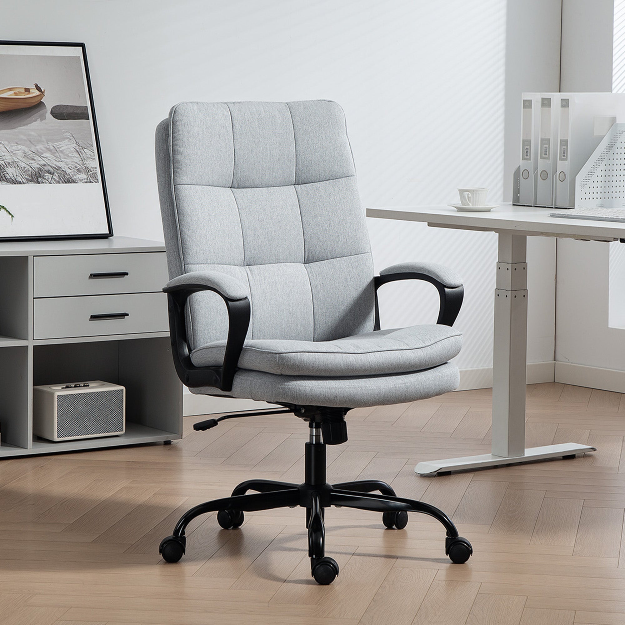 Executive Office Chair, Fabric Computer Desk Chair with Dual-Layer Padding, High Back, Silent Swivel Wheels, Armrest, Height Adjustable, Tilt Function for Home, Light Grey