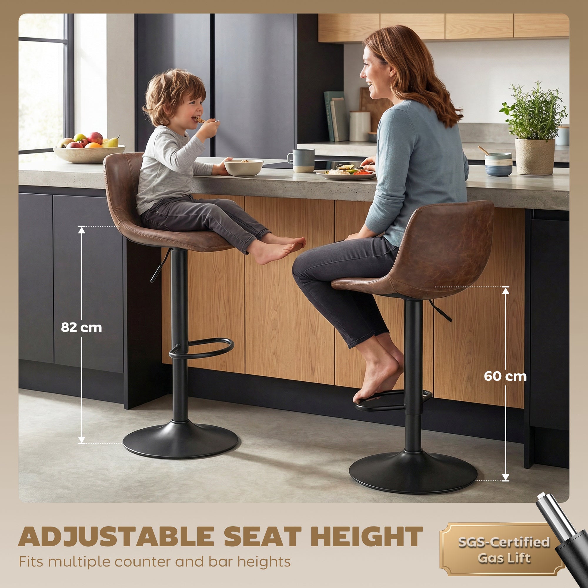Bar Stools Set of 2, Modern Swivel Barstools, Height Adjustable Breakfast Bar Chairs with Footrest for Kitchen Island and Dining Room, Brown