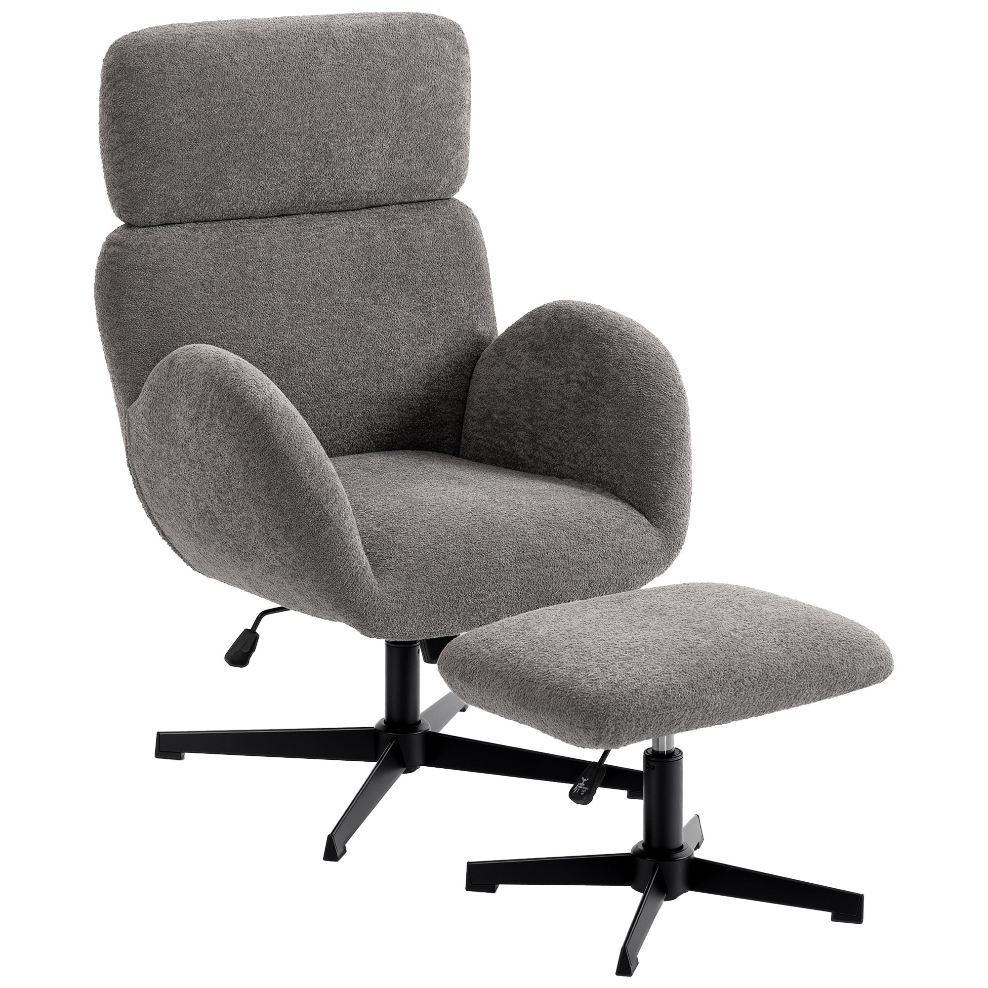 Swivel Armchair and Footstool Set, Raindrop Velvet Height Adjustable Accent Chair with Adjustable Headrest, Rocking Function, Wide Back, Modern Lounge Chair for Living Room, Grey