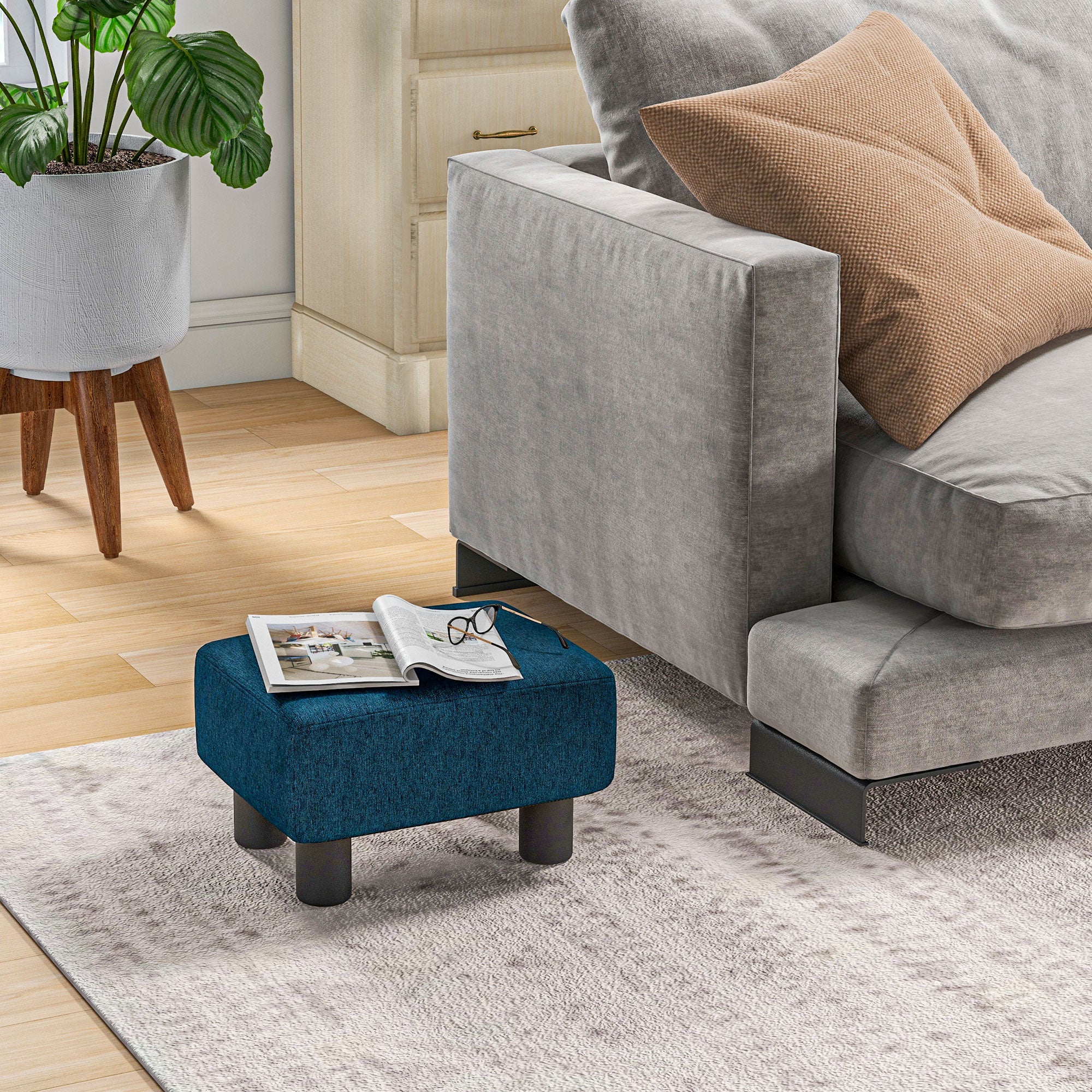 16” Cube Modern Linen Fabric Pouf Footrest Ottoman - Dark Blue