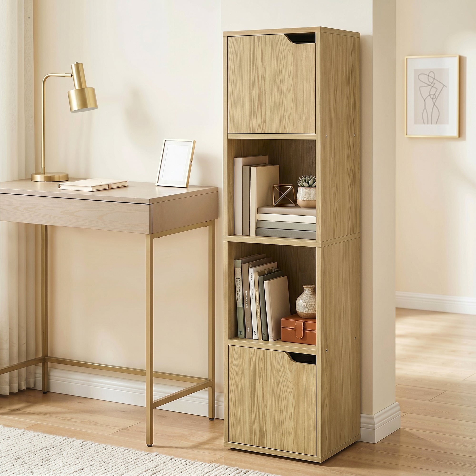 Bookcase with 2 Cabinets and Doors, 4-Tier Bookshelf, Storage Cabinet with Open Shelves and Anti-Tipping Design, for Living Room, Bedroom, Home Office, Oak
