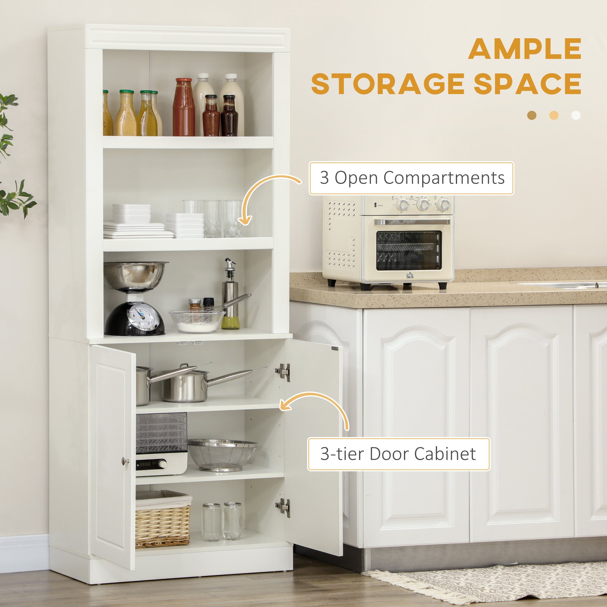 Kitchen Cupboard with 6-tier Shelving, Freestanding Storage Cabinet Sideboard, Pantry Cupboard with 3 Open Compartments and Double-door Cabinet with Adjustable Shelves, White