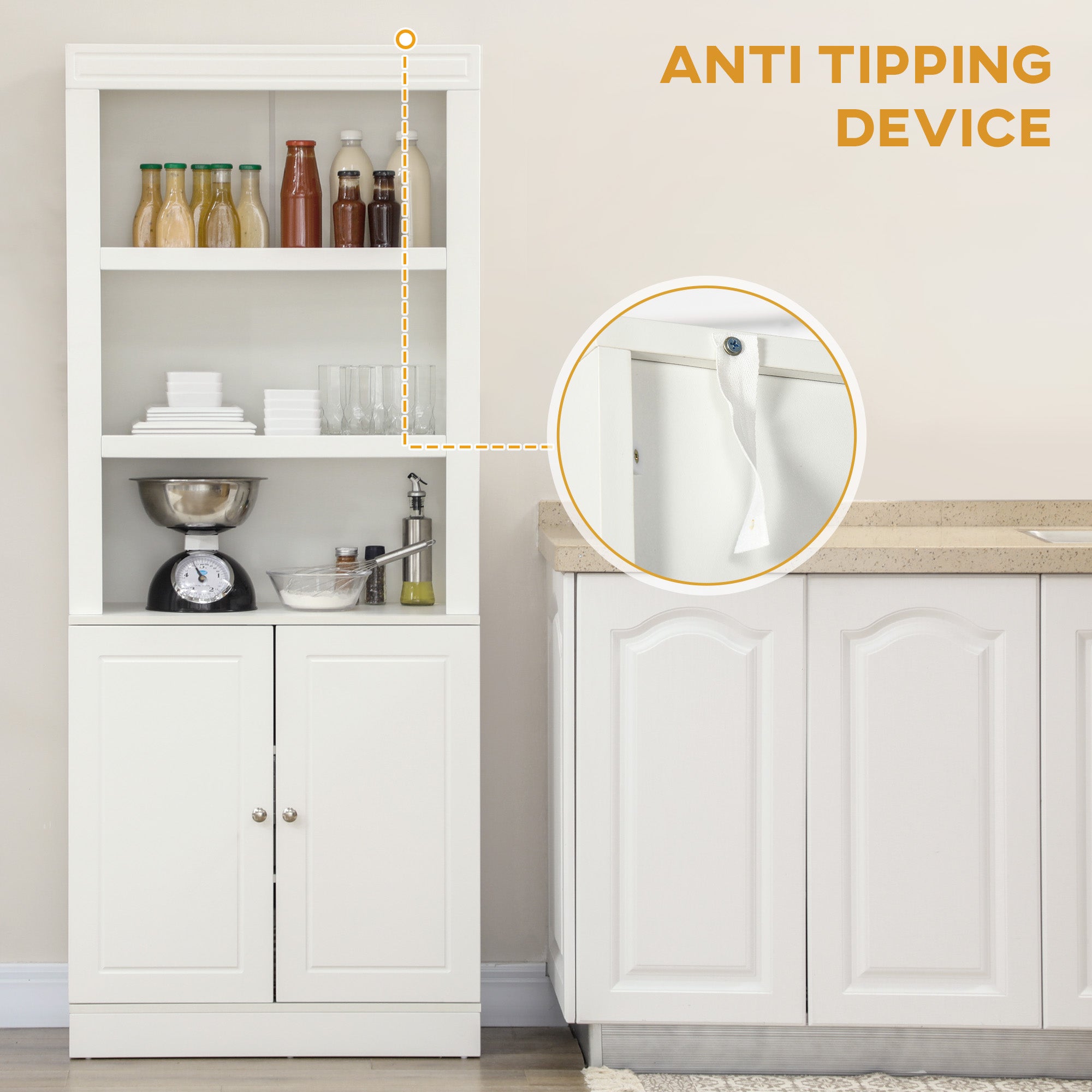 Kitchen Cupboard with 6-tier Shelving, Freestanding Storage Cabinet Sideboard, Pantry Cupboard with 3 Open Compartments and Double-door Cabinet with Adjustable Shelves, White