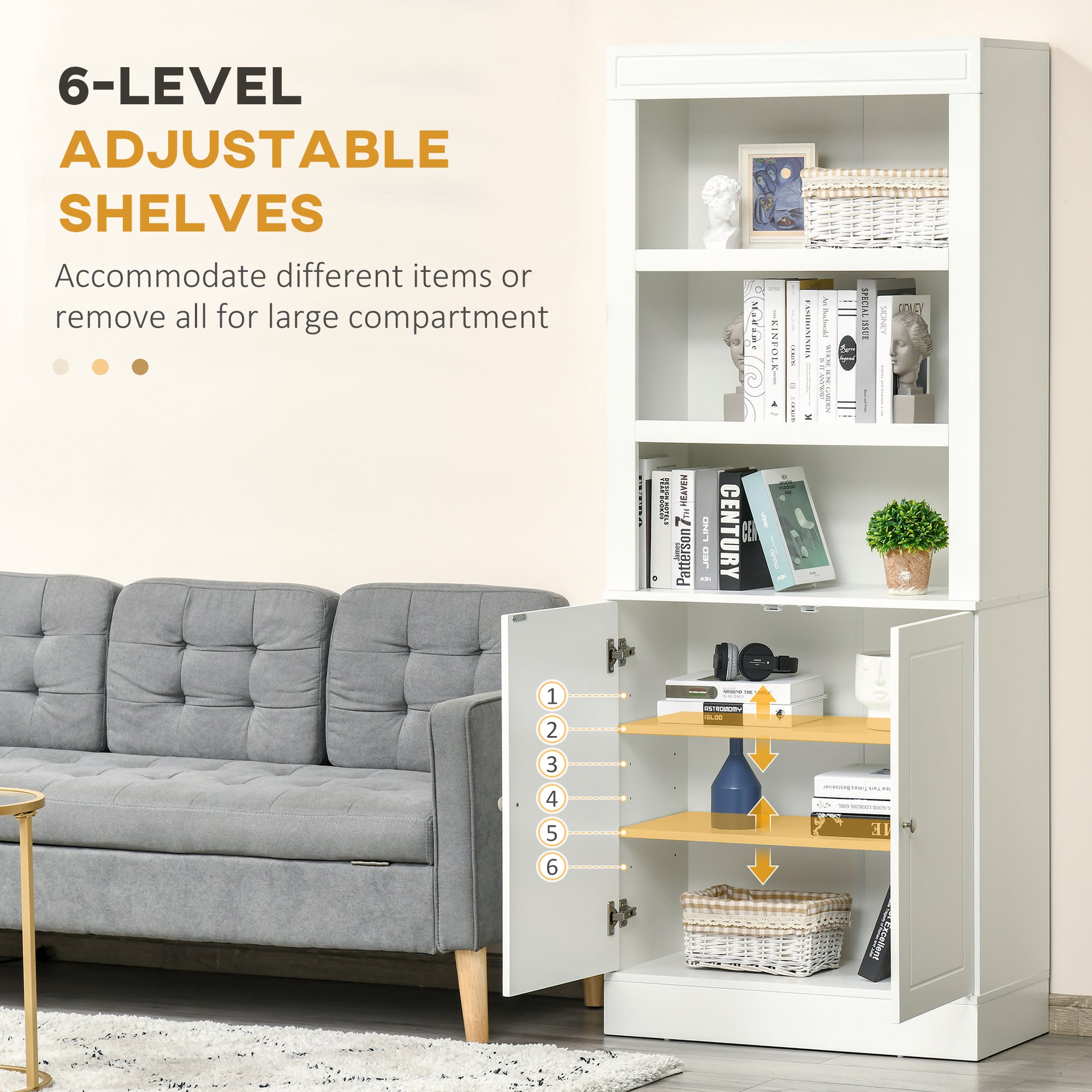 Kitchen Cupboard with 6-tier Shelving, Freestanding Storage Cabinet Sideboard, Pantry Cupboard with 3 Open Compartments and Double-door Cabinet with Adjustable Shelves, White