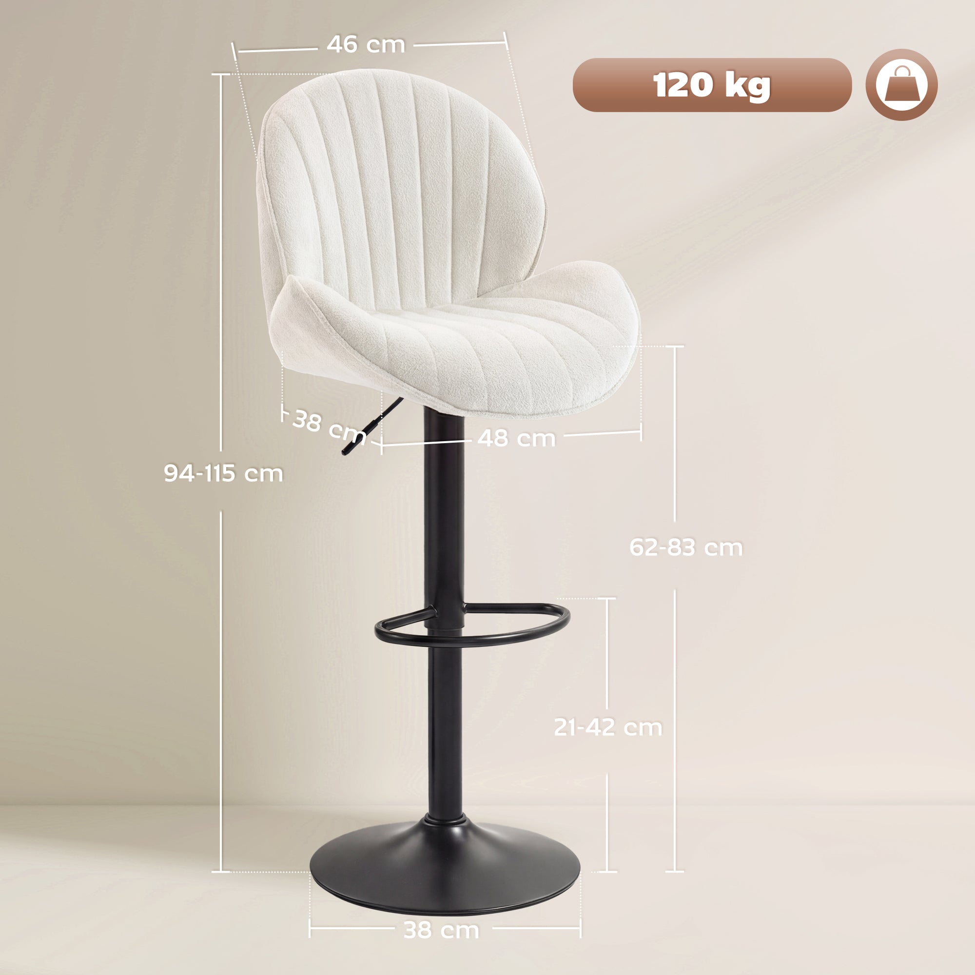Bar Stools Set of 2, Swivel Counter Height Barstools with Back, Adjustable Height and Footrest, Chenille Upholstered Modern Bar Chairs for Kitchen Island, Dining Room, Cream