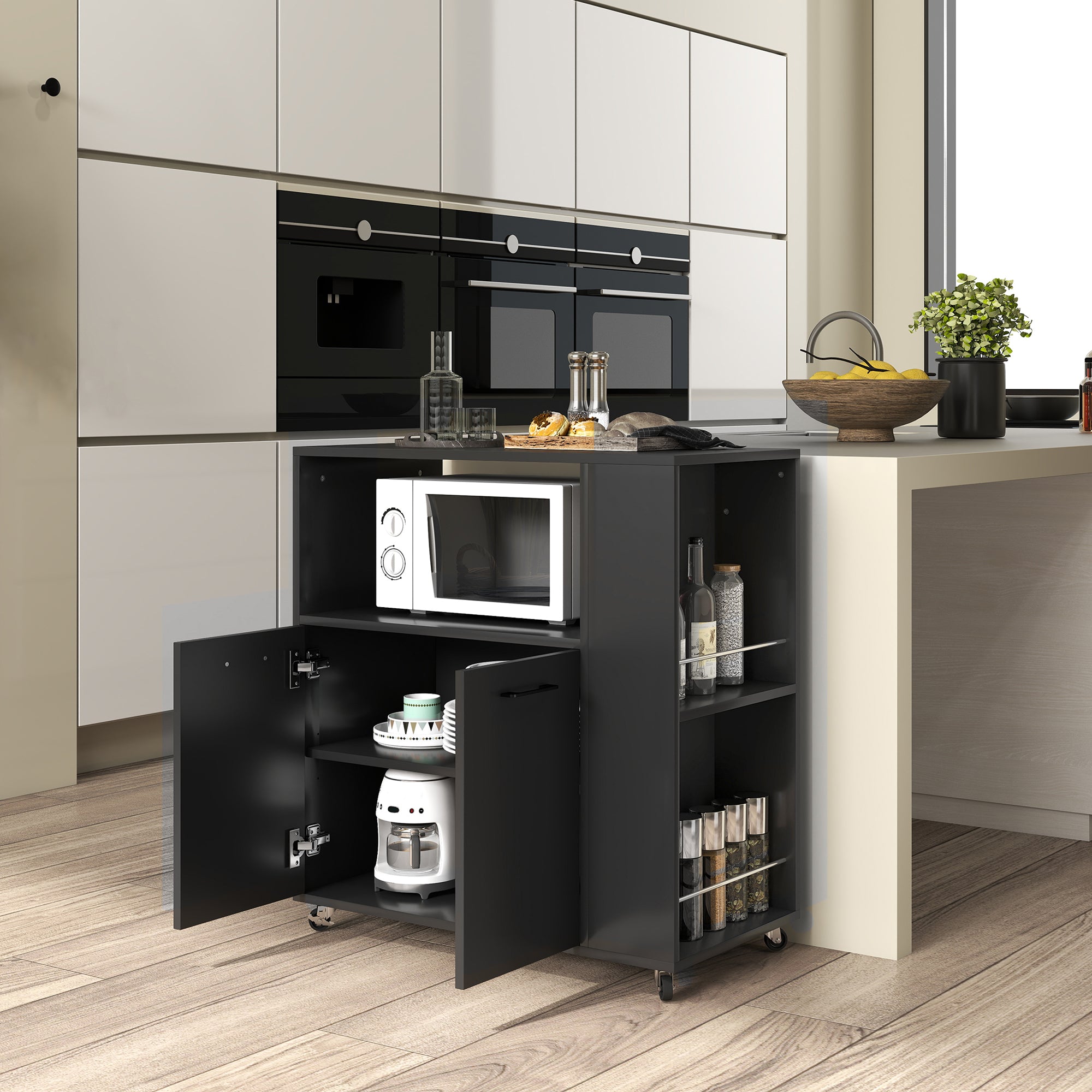Kitchen Trolley on Wheels, Rolling Kitchen Island Cart with 2-Door Cabinet, Spice Rack and Adjustable Shelf, Storage Serving Trolley Cart for Dining Room, Living Room, Black