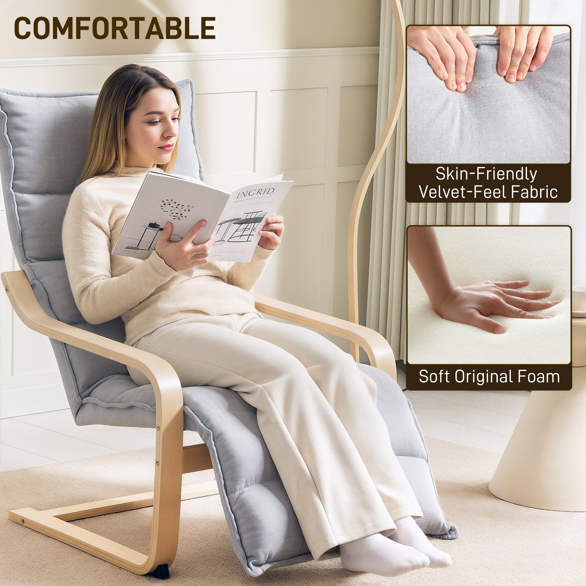 Modern Accent Chair, Velvet Upholstered Living Room Chair with Footrest, Wood Frame, Comfy Armchair for Bedroom, Balcony, Light Grey