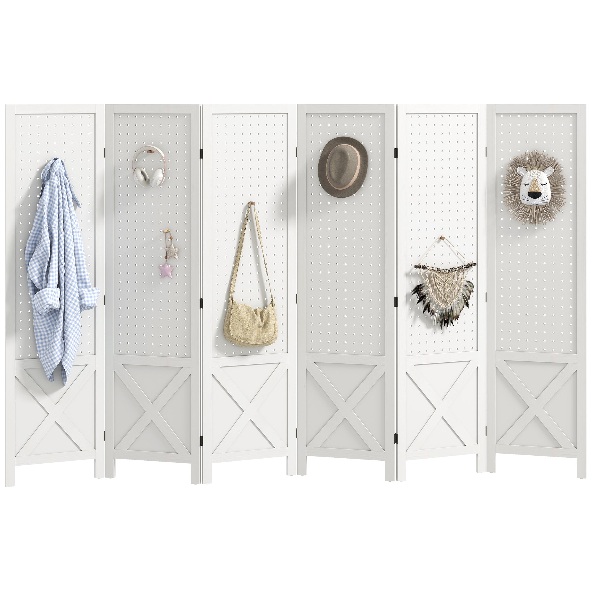 6 Panel Pegboard Display Room Divider, 56.9" Tall Wood Indoor Portable Folding Privacy Screen, Partition Wall Divider for Bedroom, White