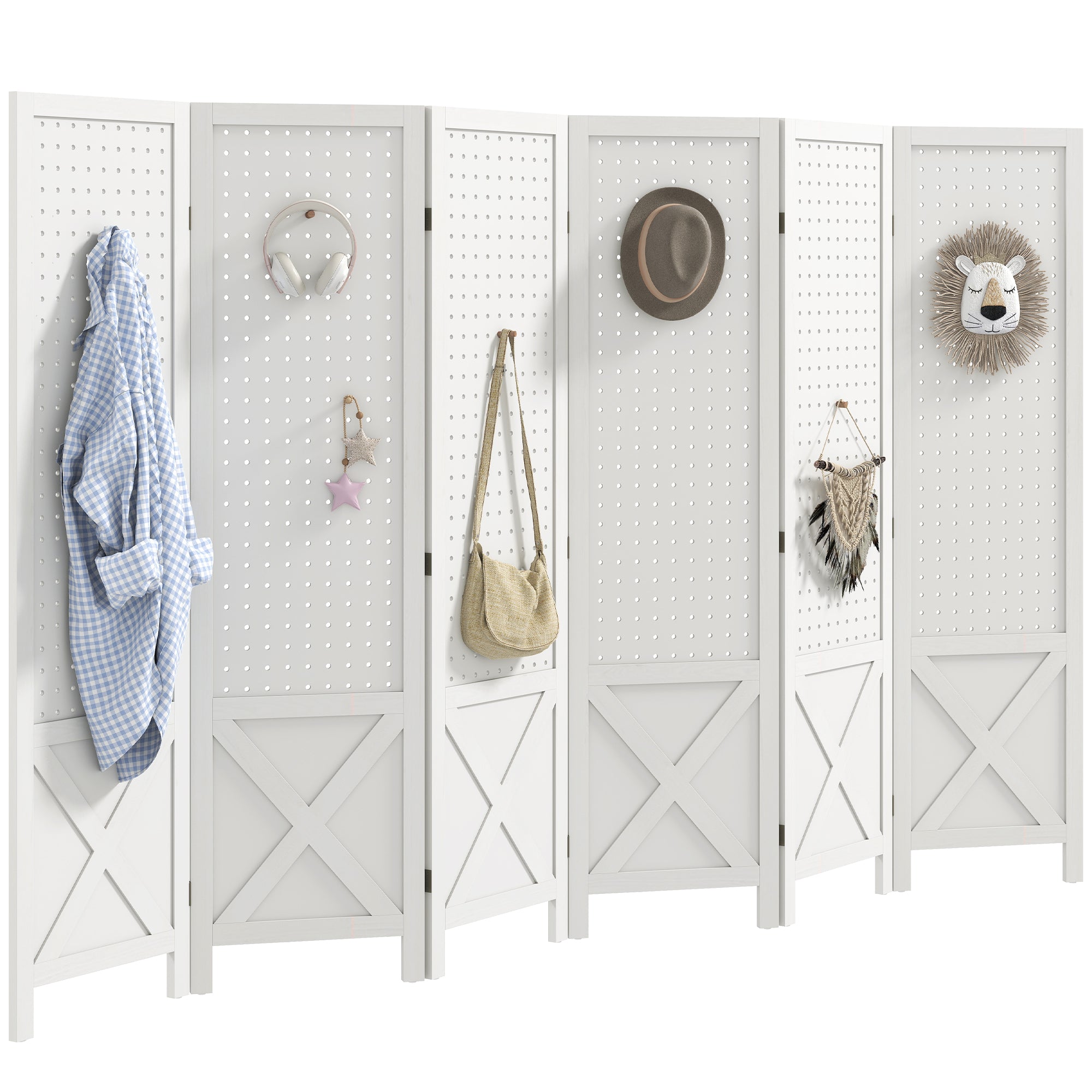 6 Panel Pegboard Display Room Divider, 56.9" Tall Wood Indoor Portable Folding Privacy Screen, Partition Wall Divider for Bedroom, White