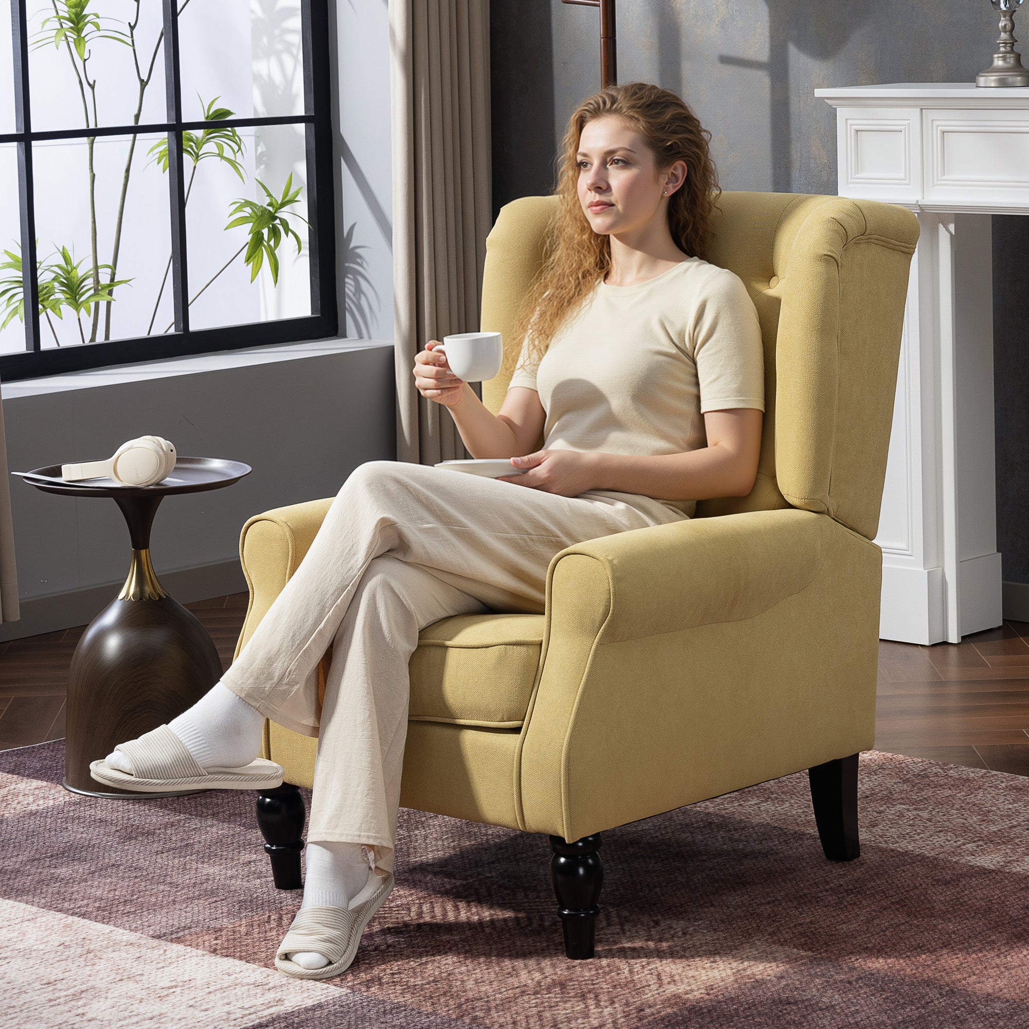 Retro Accent Chair, Snow Flannel Wingback Armchair with Wood Frame Button Tufted Design for Living Room Bedroom, Yellow