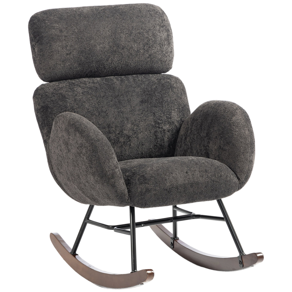 Rocking Chair with Adjustable Headrest, Modern Velvet Upholstered Rocker Chair, Steel Frame and Rubberwood Legs, Foam Padded Armrests, Wide Seat for Living Room, Bedroom, Study, Dark Grey