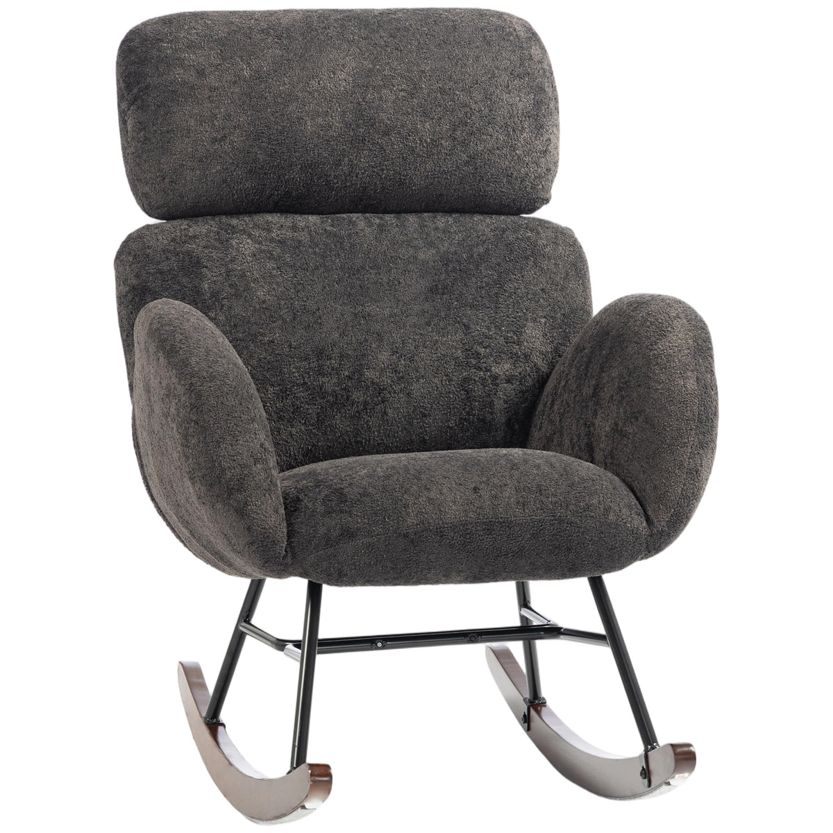 Rocking Chair with Adjustable Headrest, Modern Velvet Upholstered Rocker Chair, Steel Frame and Rubberwood Legs, Foam Padded Armrests, Wide Seat for Living Room, Bedroom, Study, Dark Grey