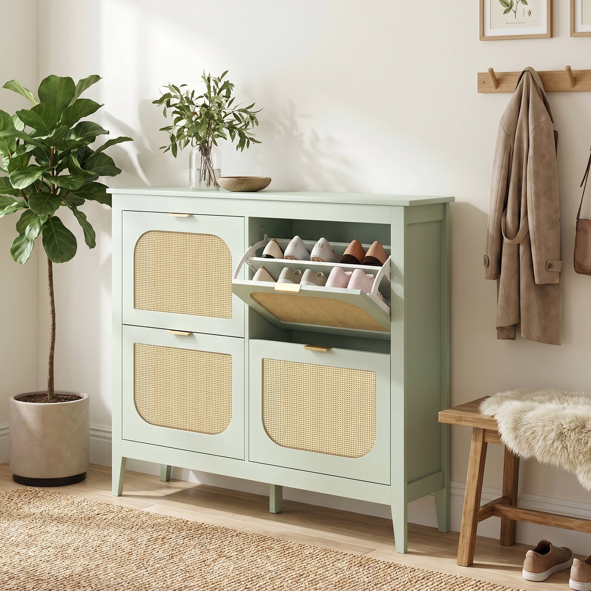 Shoe Storage Cabinet with 4 Flip Drawers, Boho Slim Shoe Cabinet with Rattan Doors for Entryway, Hallway, Holds 20 Pairs, Light Green