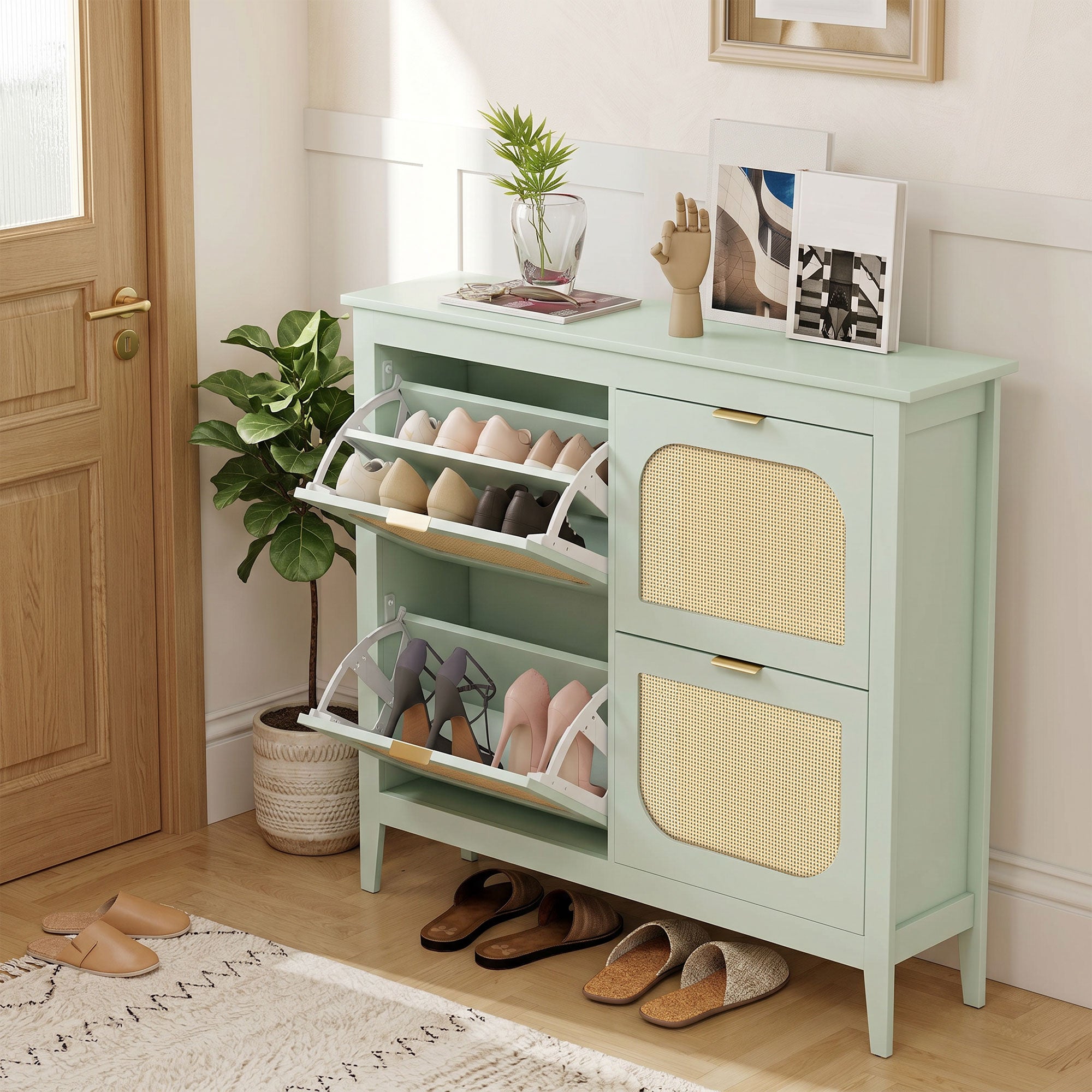 Shoe Storage Cabinet with 4 Flip Drawers, Boho Slim Shoe Cabinet with Rattan Doors for Entryway, Hallway, Holds 20 Pairs, Light Green