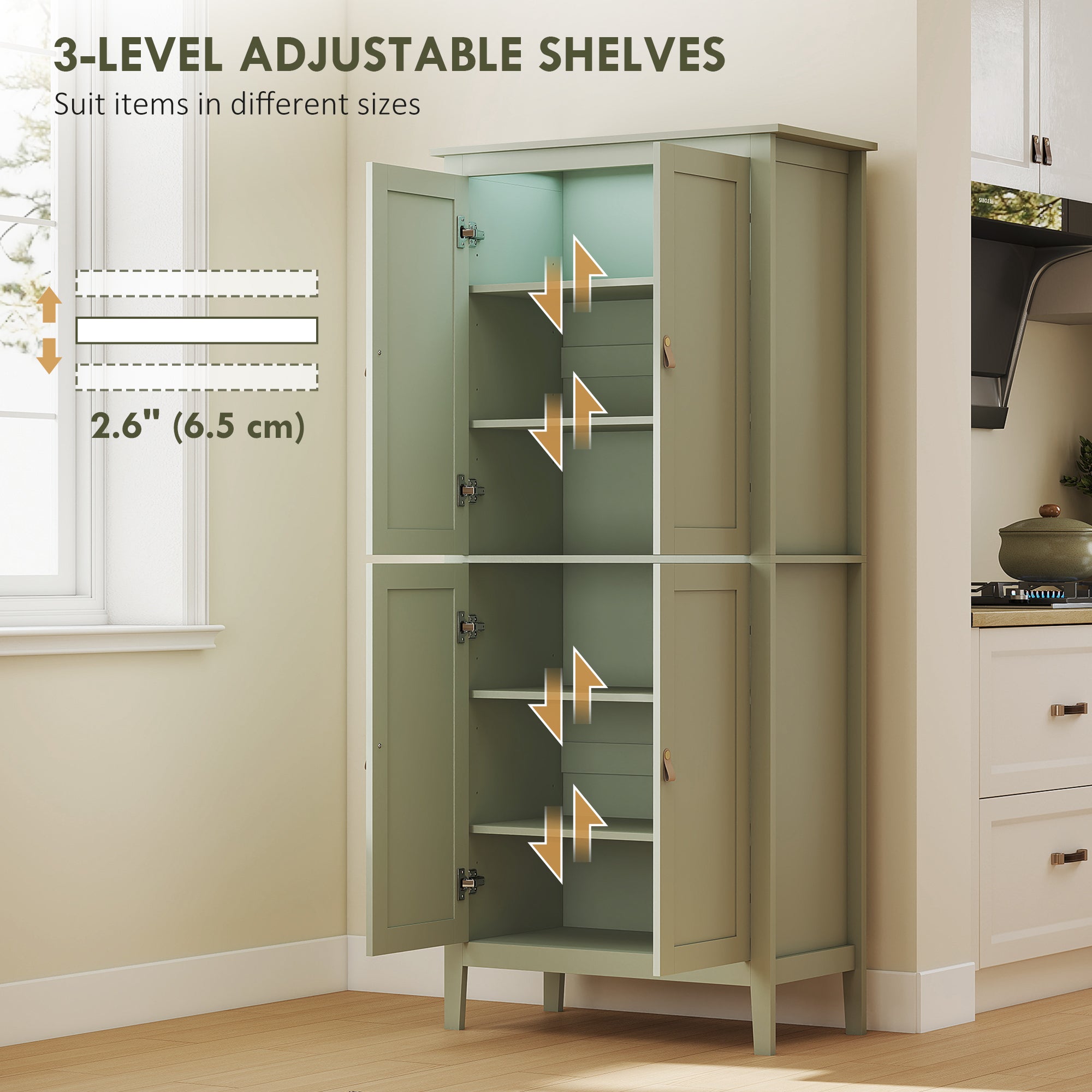Tall Kitchen Cupboard with Motion Sensor LED Light, 3-Colour Dimmable Lighting, 177 cm Freestanding Storage Cabinet with Doors and Adjustable Shelves, Green