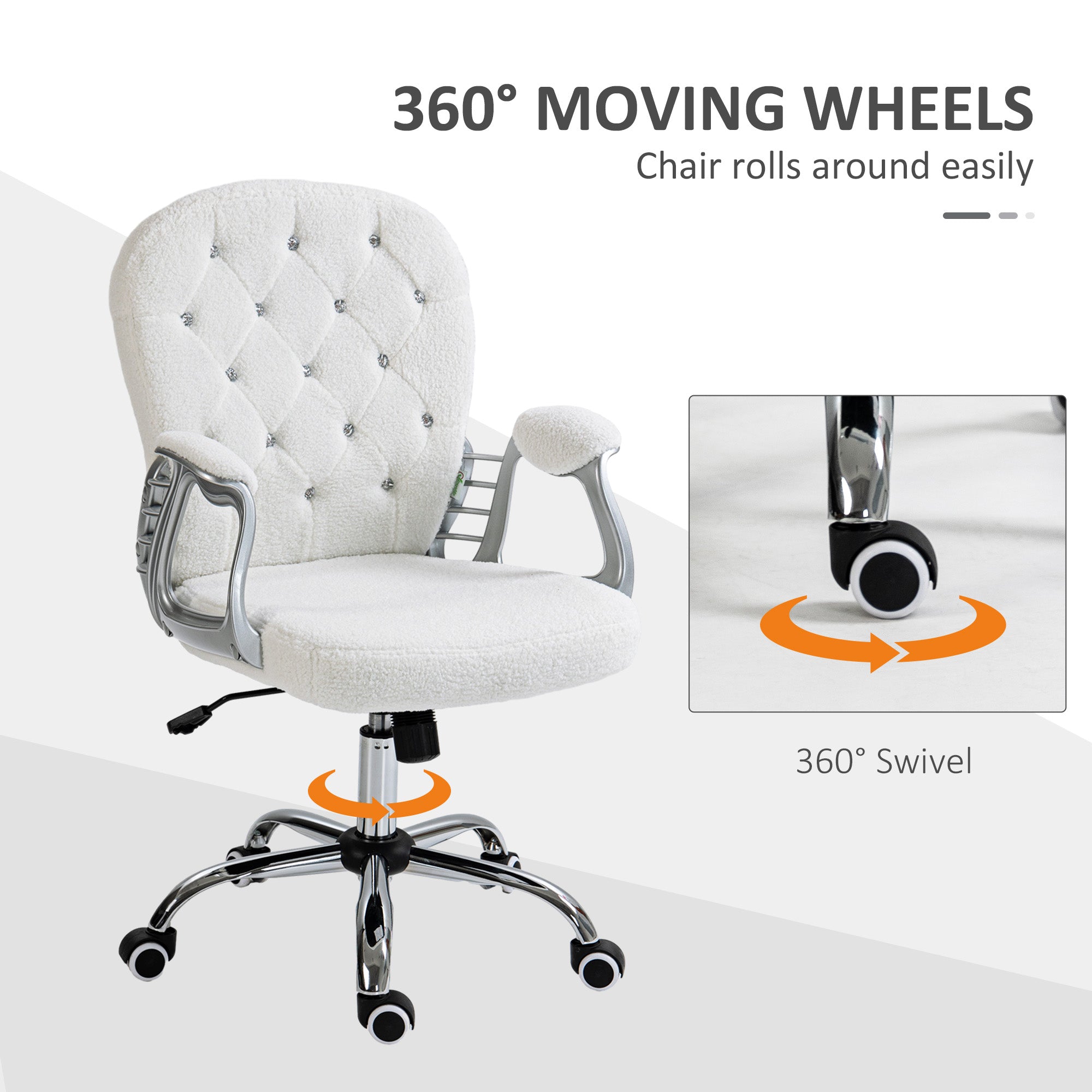 Button Tufted Desk Chair, Home Office Chair with Padded Armrests, Adjustable Height and Swivel Wheels, White