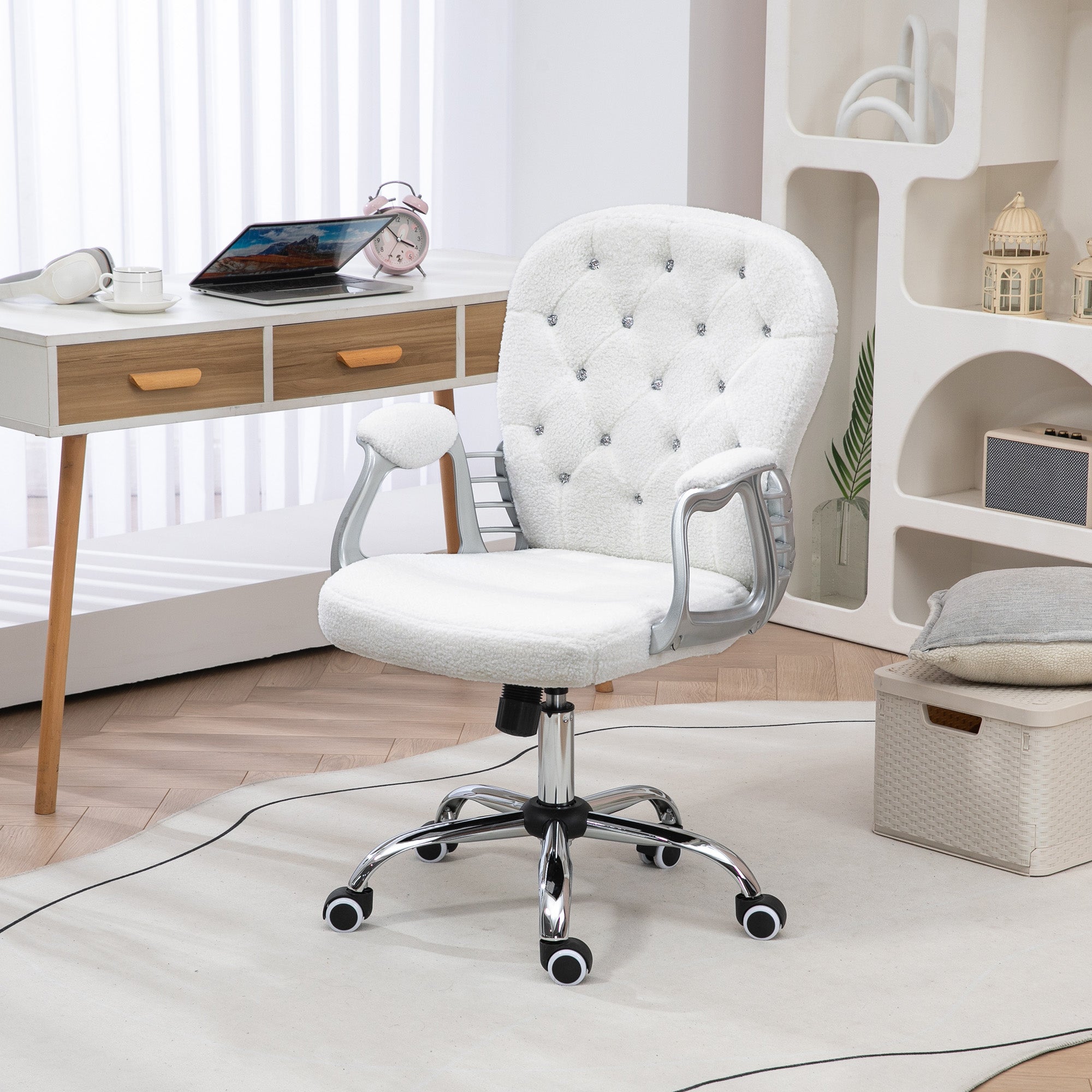 Button Tufted Desk Chair, Home Office Chair with Padded Armrests, Adjustable Height and Swivel Wheels, White