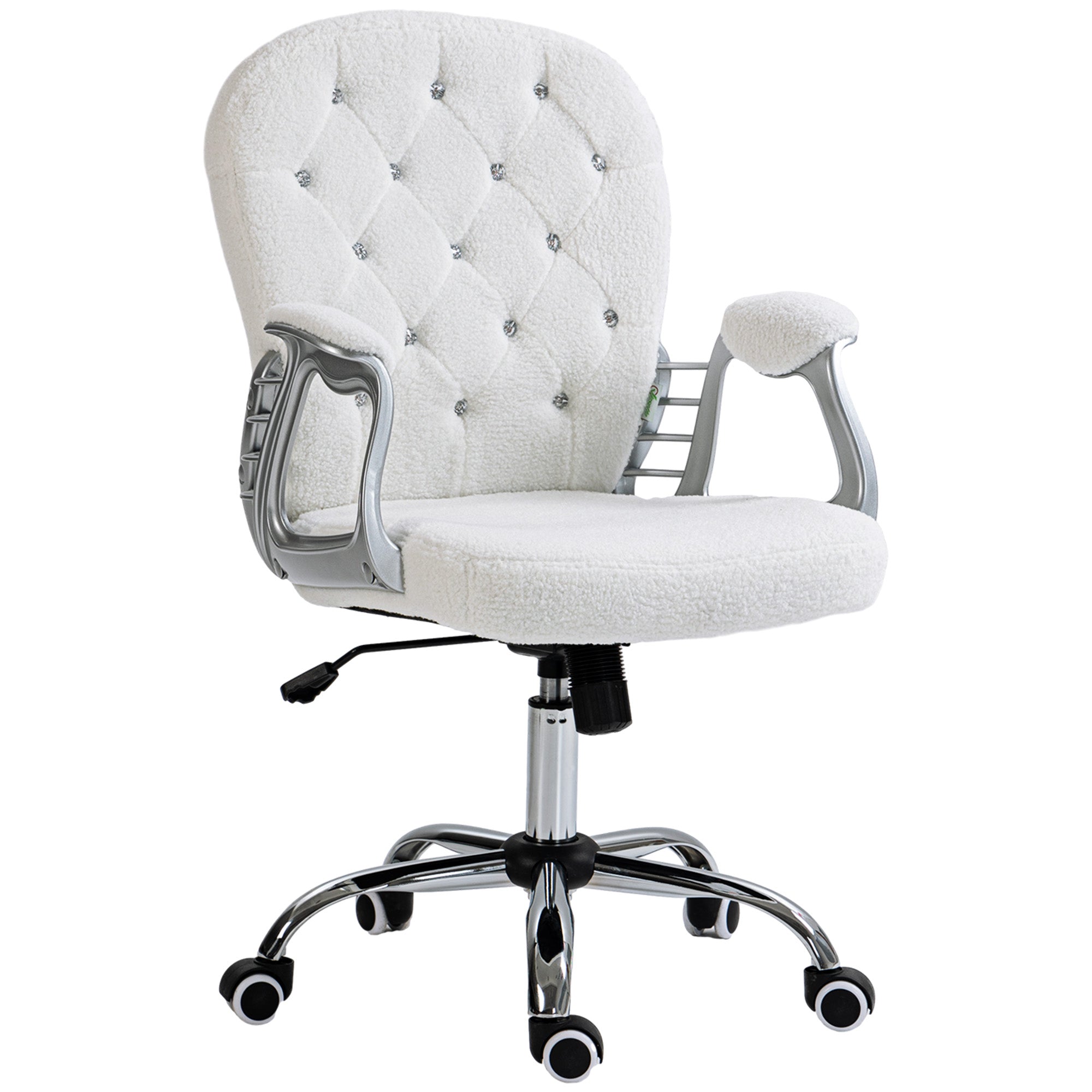 Button Tufted Desk Chair, Home Office Chair with Padded Armrests, Adjustable Height and Swivel Wheels, White