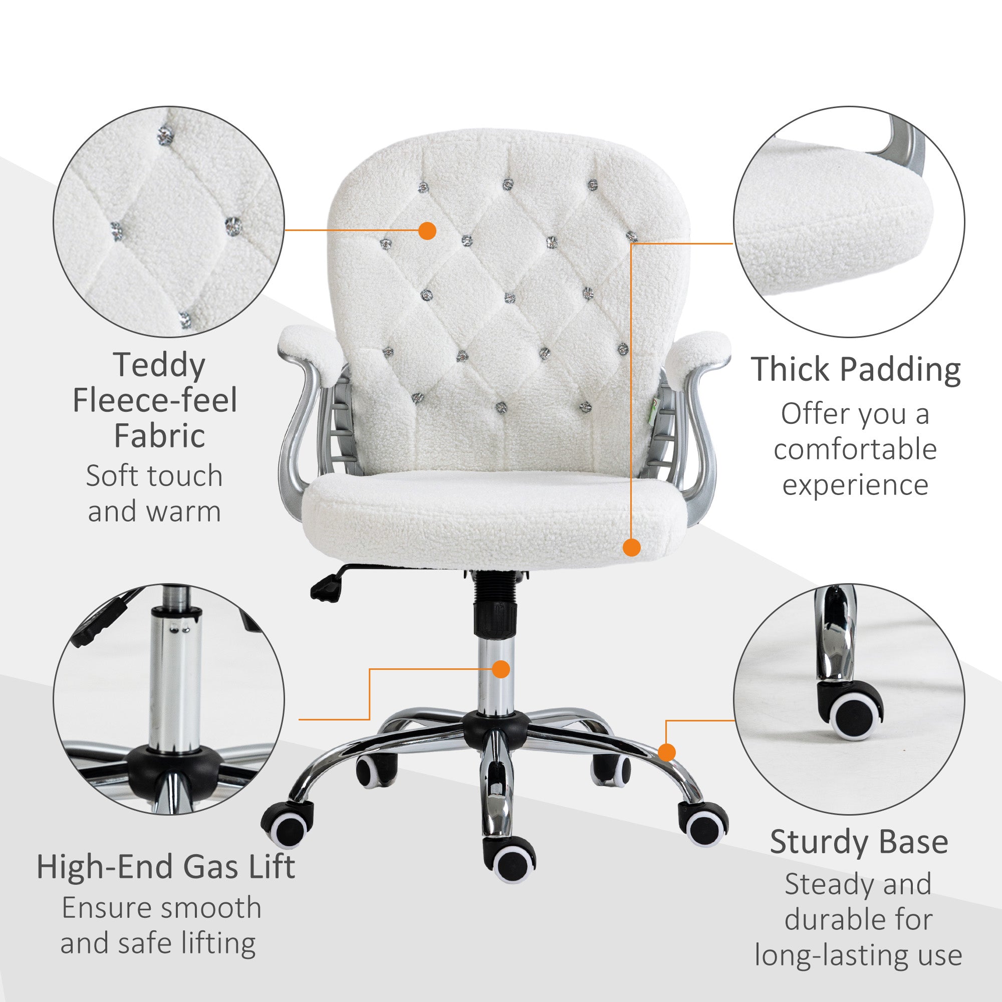 Button Tufted Desk Chair, Home Office Chair with Padded Armrests, Adjustable Height and Swivel Wheels, White