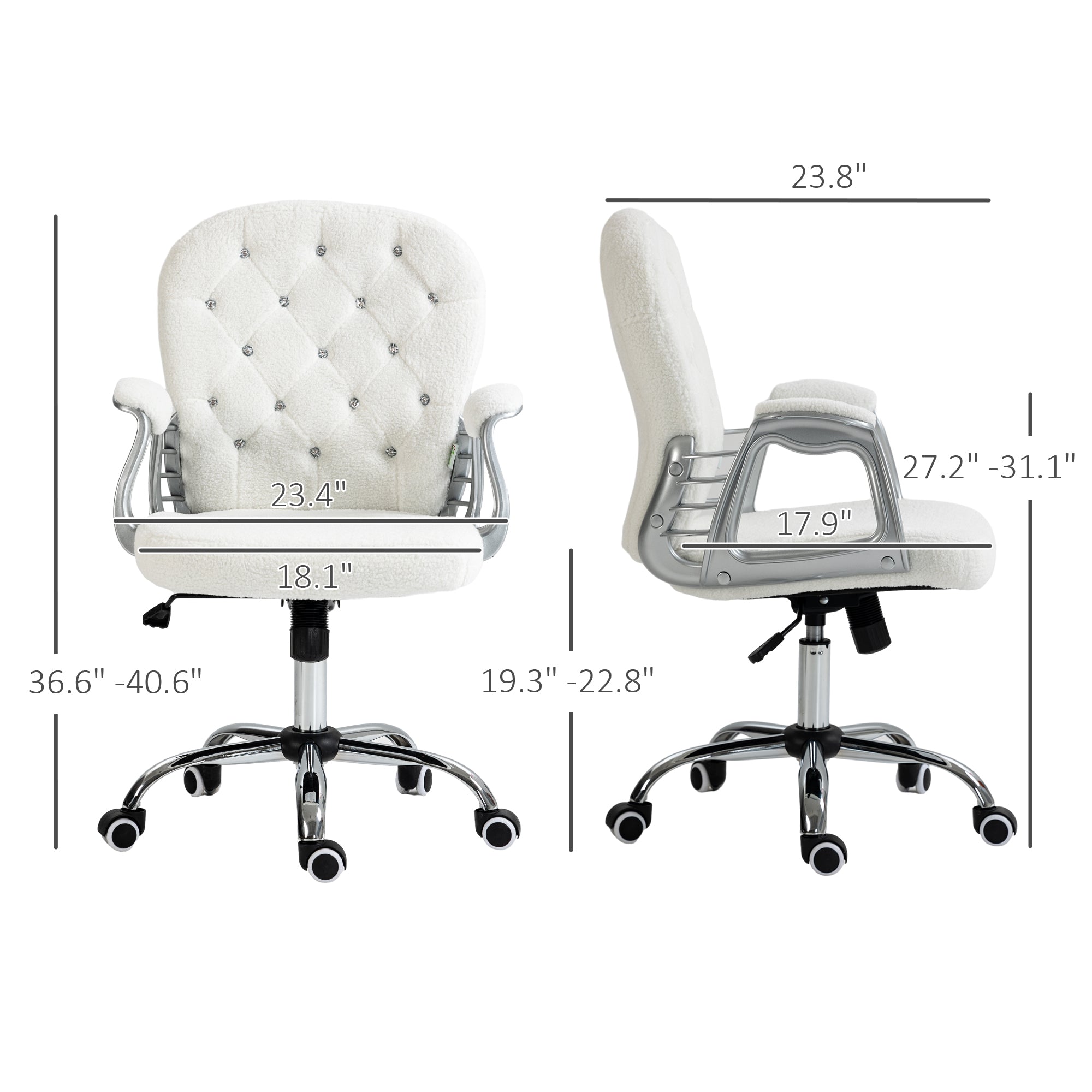 Button Tufted Desk Chair, Home Office Chair with Padded Armrests, Adjustable Height and Swivel Wheels, White