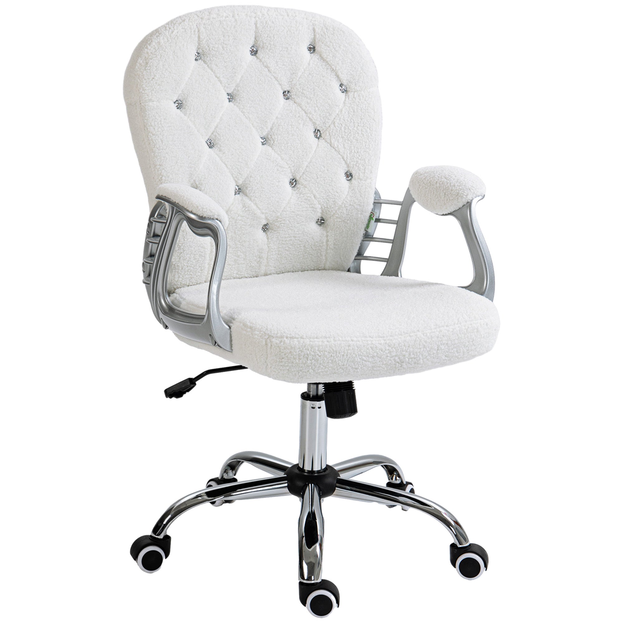 Button Tufted Desk Chair, Home Office Chair with Padded Armrests, Adjustable Height and Swivel Wheels, White