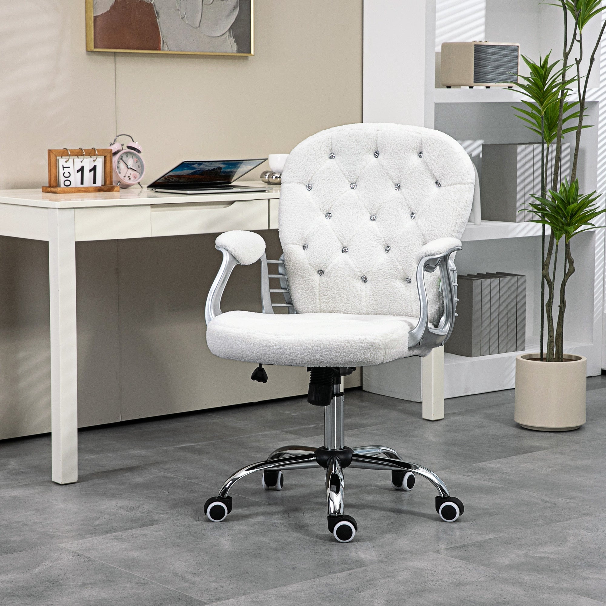 Button Tufted Desk Chair, Home Office Chair with Padded Armrests, Adjustable Height and Swivel Wheels, White