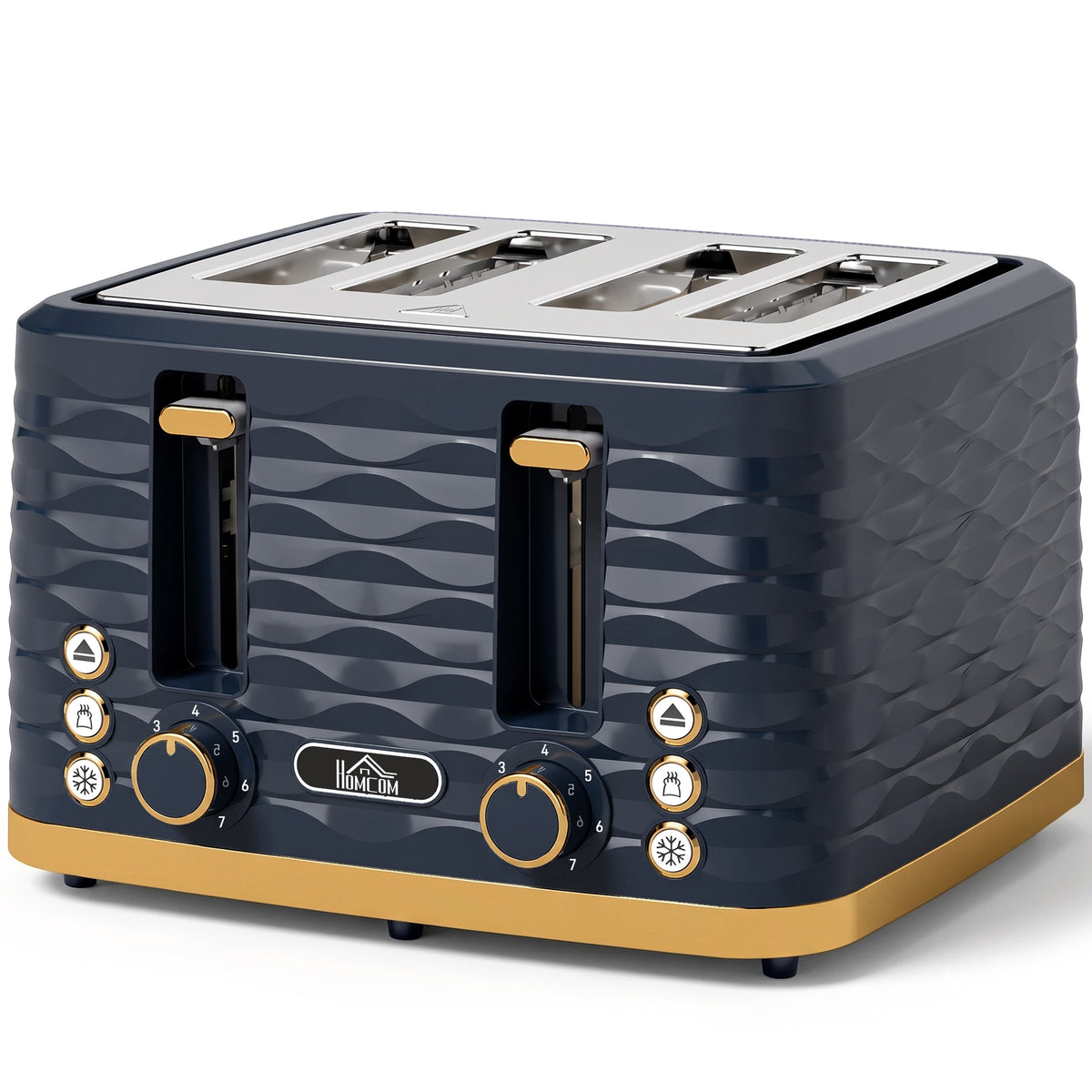 4 Slice Toaster with 7 Browning Levels, High Lift, Reheat/Defrost/Cancel, Self-centring Function, Removable Crumb Tray, Water Ripple Texture, Dark Blue