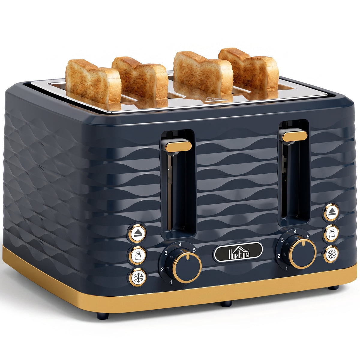 4 Slice Toaster with 7 Browning Levels, High Lift, Reheat/Defrost/Cancel, Self-centring Function, Removable Crumb Tray, Water Ripple Texture, Dark Blue