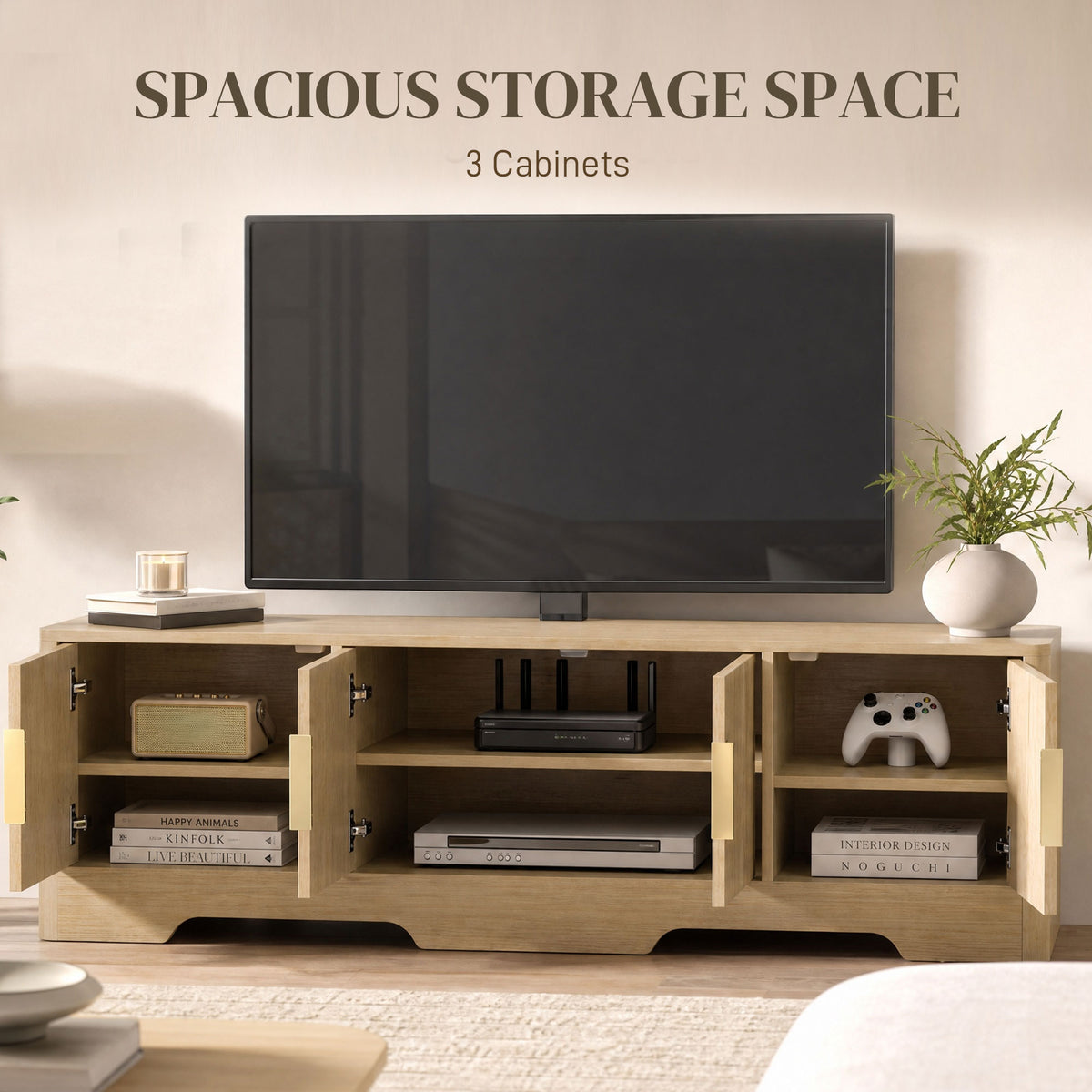 TV Stand for TVs up to 60", Modern Entertainment Center with Fluted Doors, Media Console Table with 3 Cabinets, Adjustable Shelf and Cable Management for Living Room, Oak
