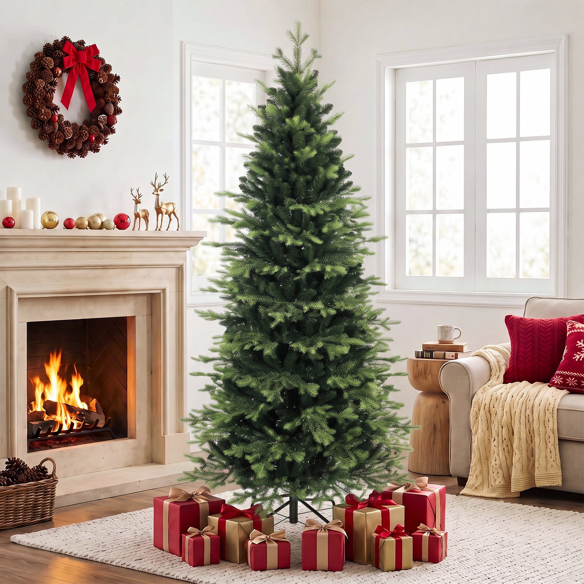 7ft/210cm Artificial Christmas Tree, Geneva Fir Hinged Xmas Tree with 2079 Branch Tips, Foldable Steel Stand, Easy Assembly for Home Office Holiday Decoration, Green